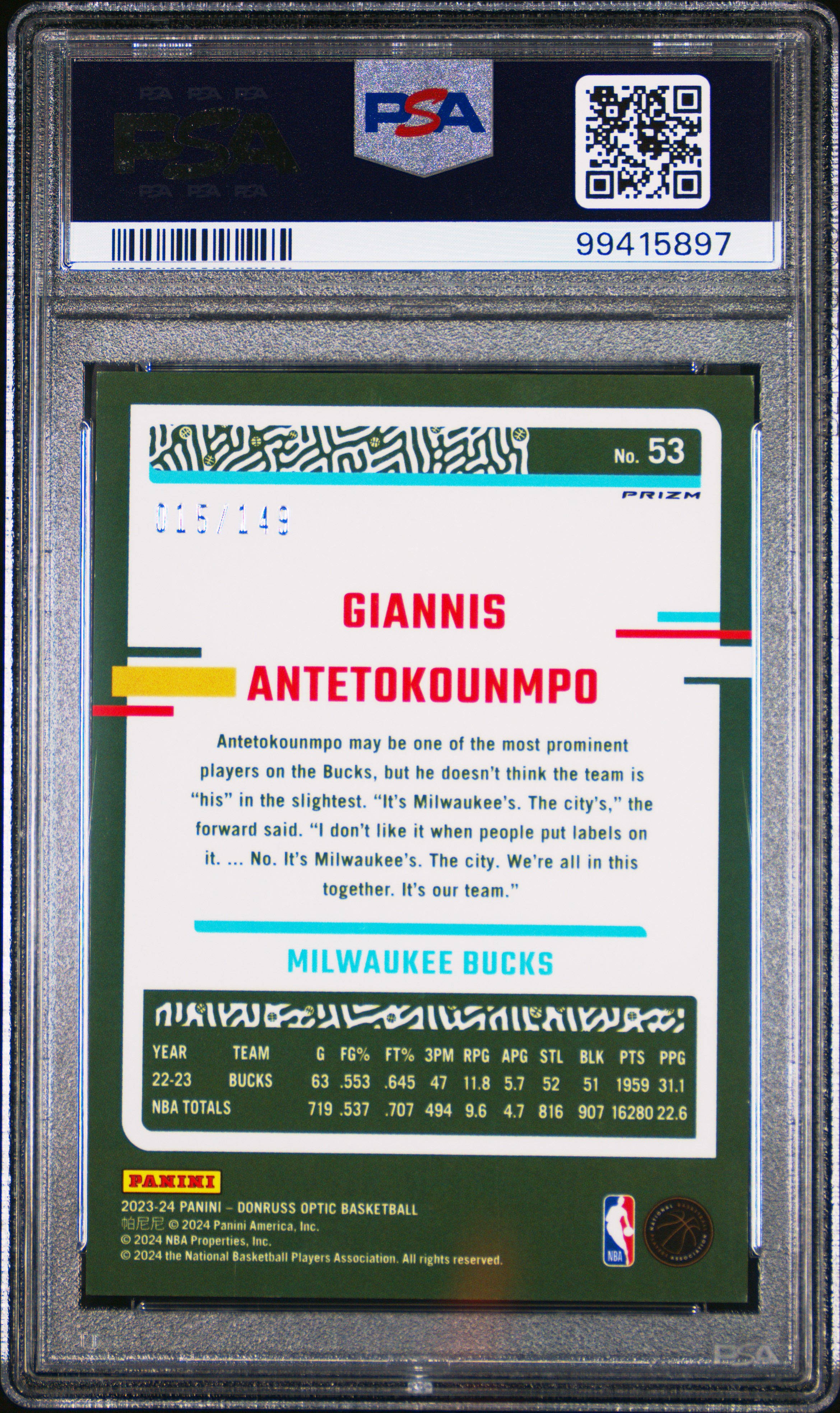 2023 Panini Donruss Optic Giannis Antetokounmpo #53 (Lime Green) Gem Mt 10 back