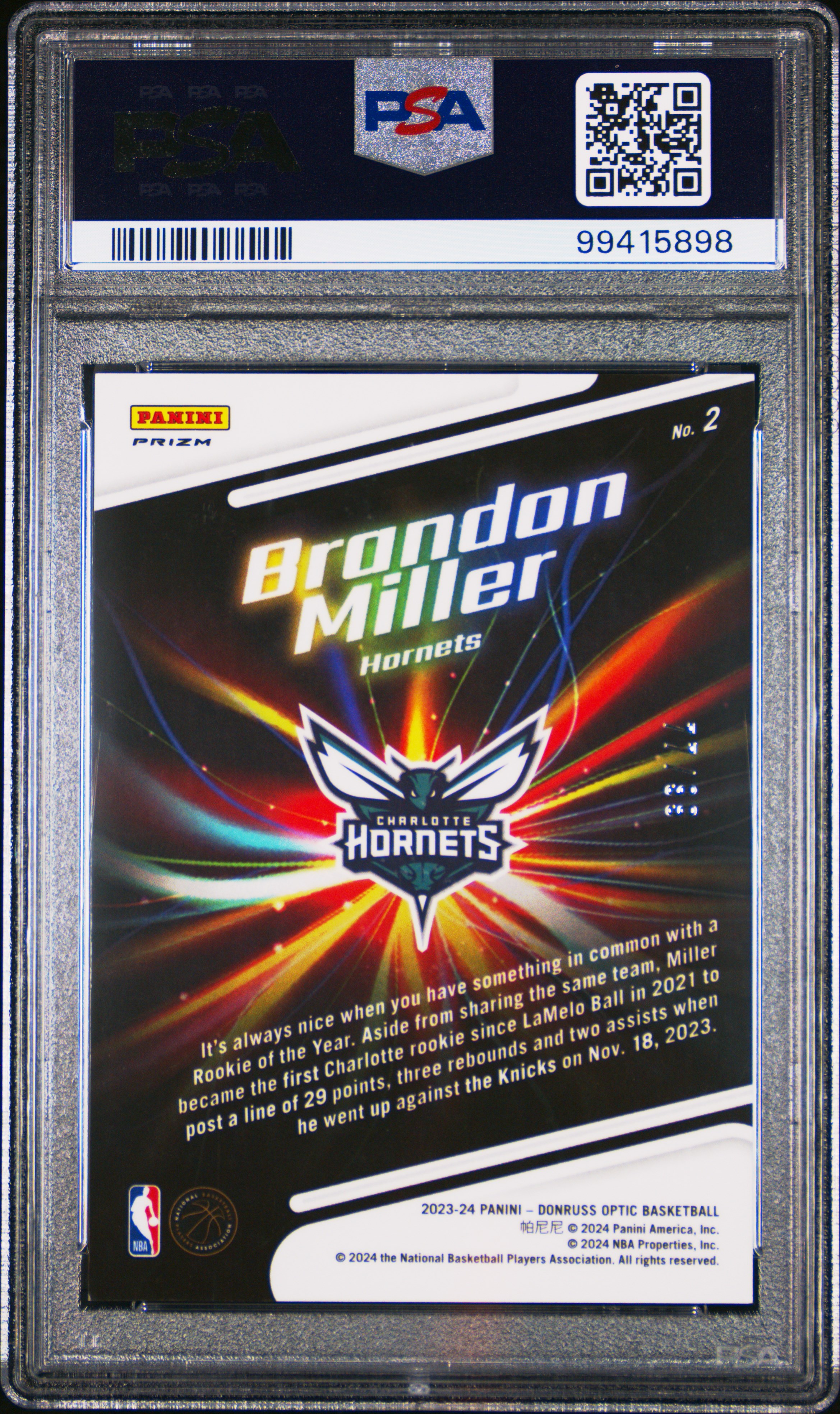 2023 Panini Donruss Optic Lights Out Brandon Miller #2 (Lights Out-Red) Mint 9 back