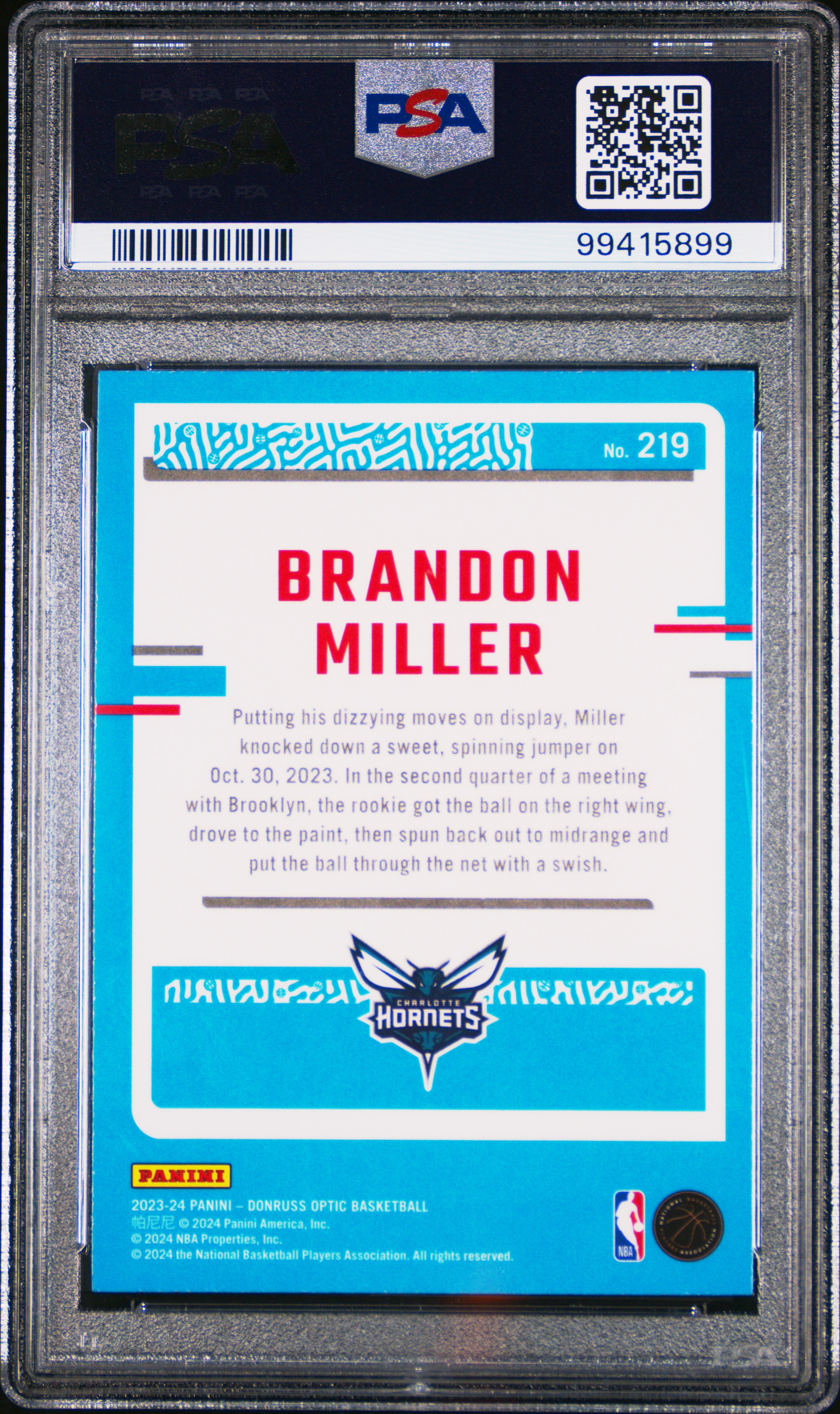 2023 Panini Donruss Optic Brandon Miller #219 Gem Mt 10 back