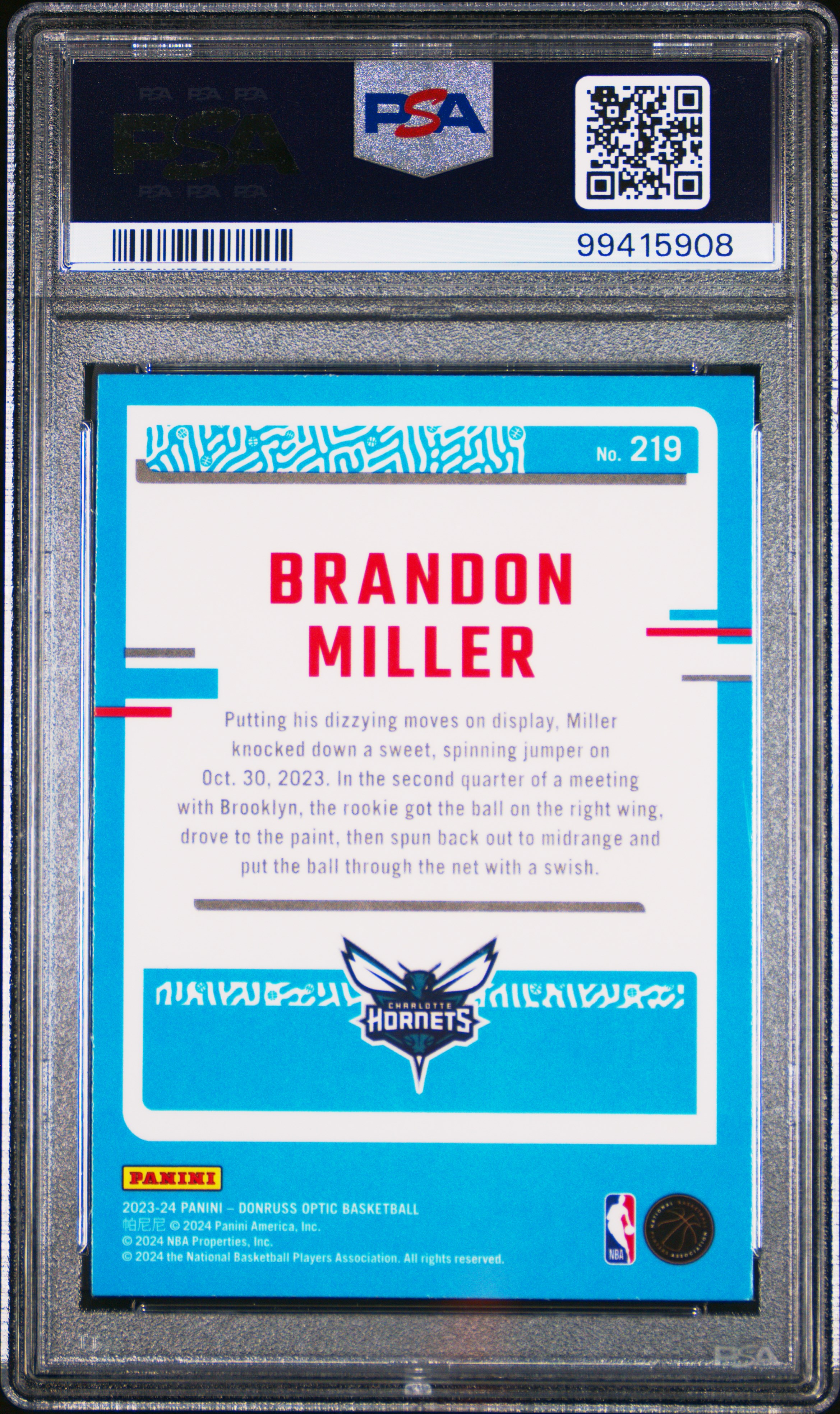 2023 Panini Donruss Optic Brandon Miller #219 Gem Mt 10 back