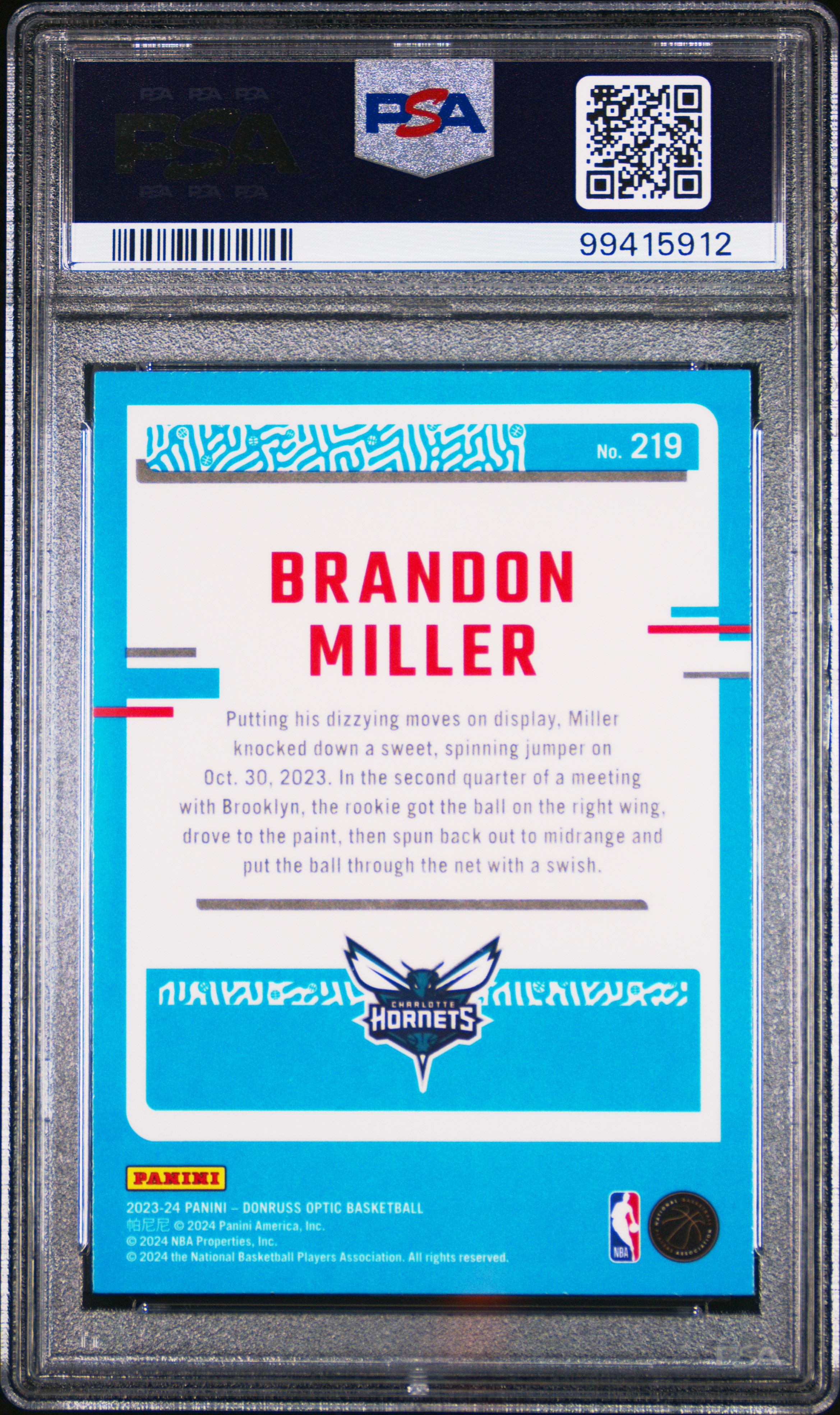 2023 Panini Donruss Optic Brandon Miller #219 Gem Mt 10 back