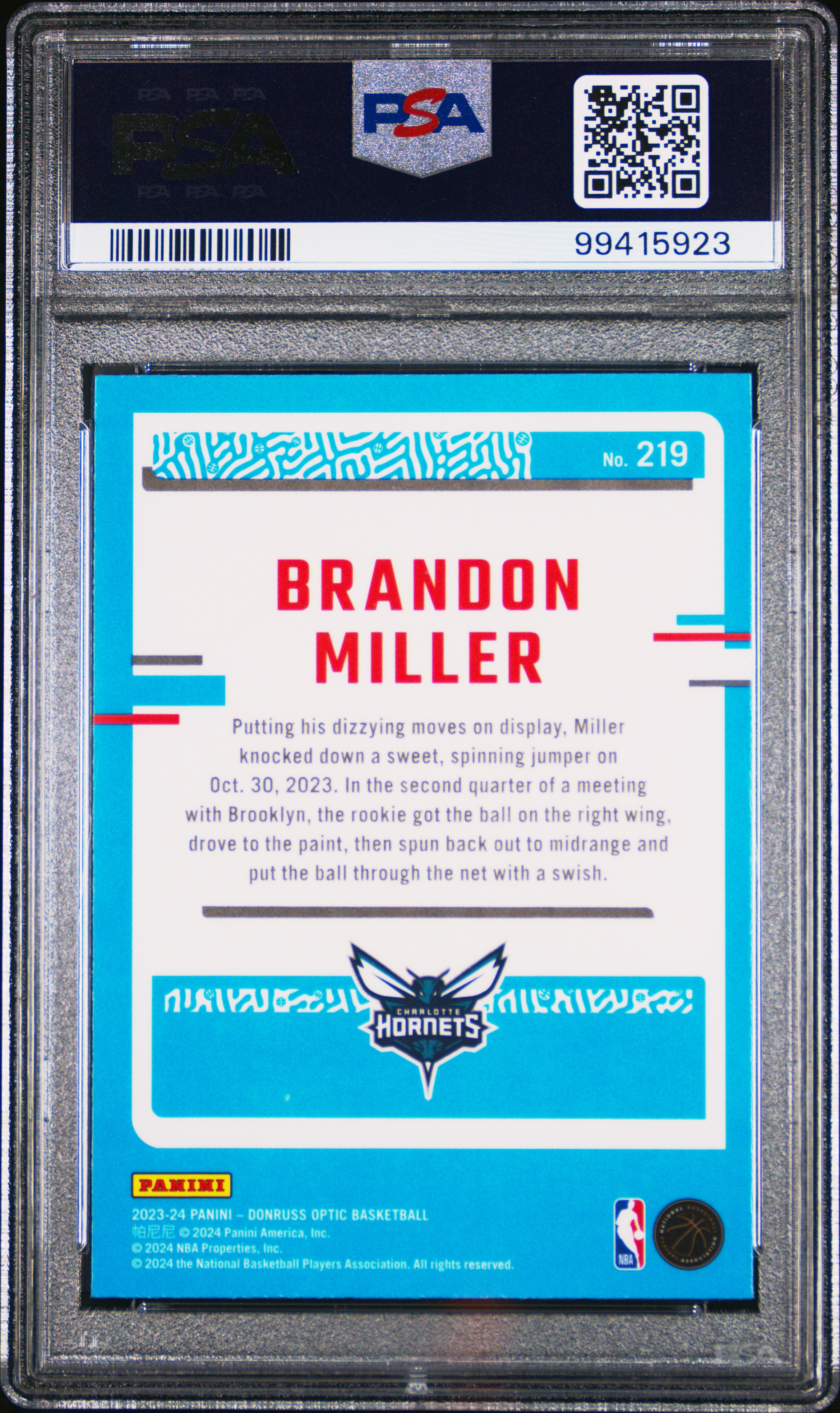 2023 Panini Donruss Optic Brandon Miller #219 Gem Mt 10 back