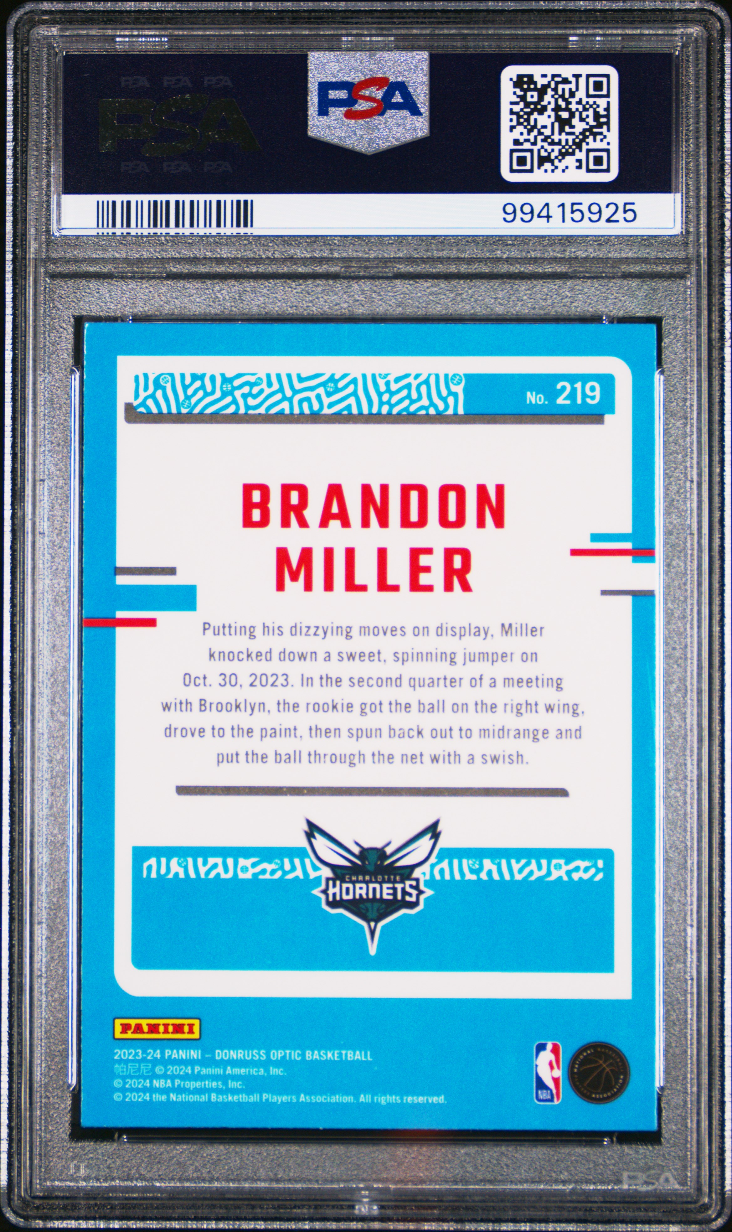 2023 Panini Donruss Optic Brandon Miller #219 Gem Mt 10 back