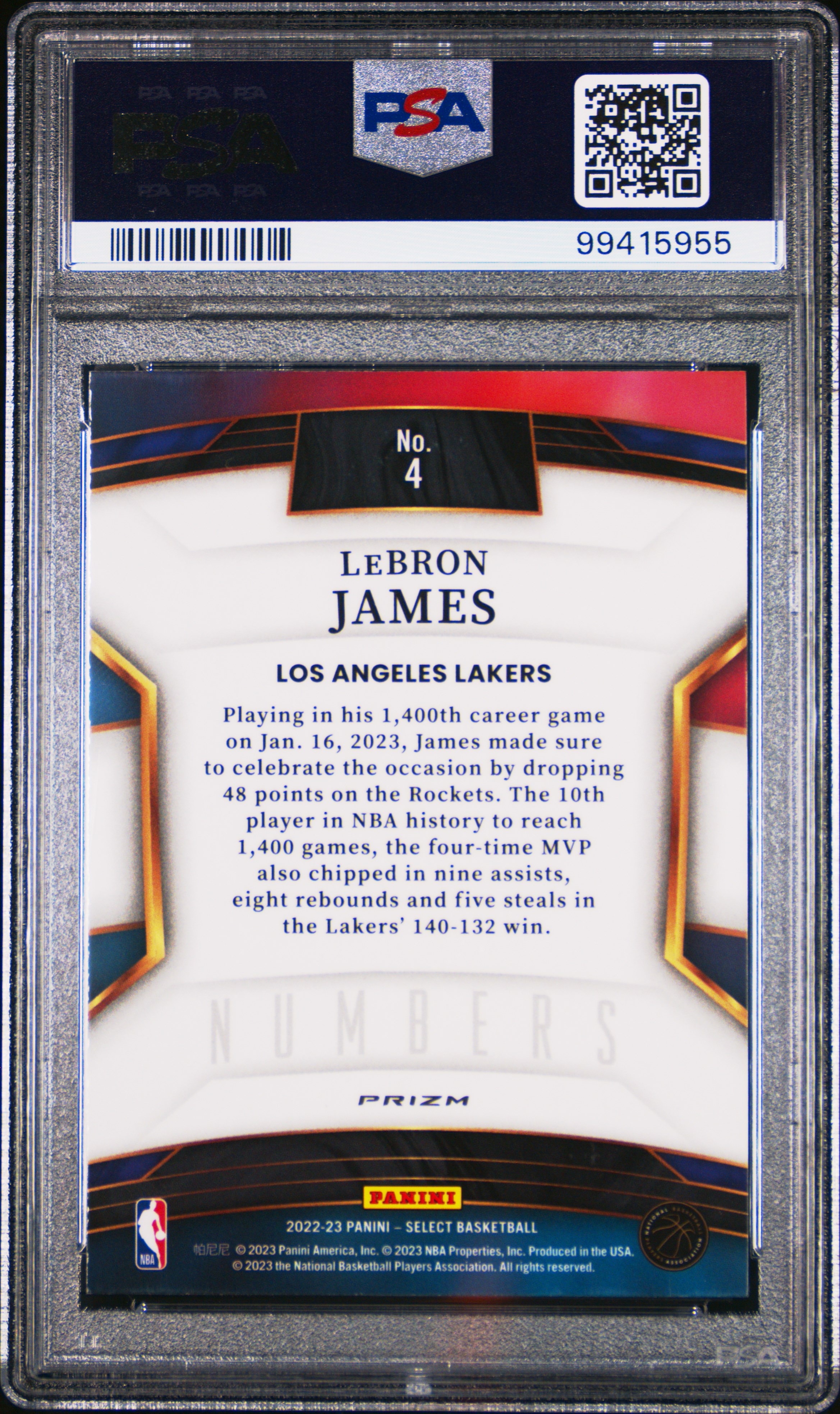 2022 Panini Select Select Numbers Lebron James #4 (Select Numbers-Red) Mint 9 back