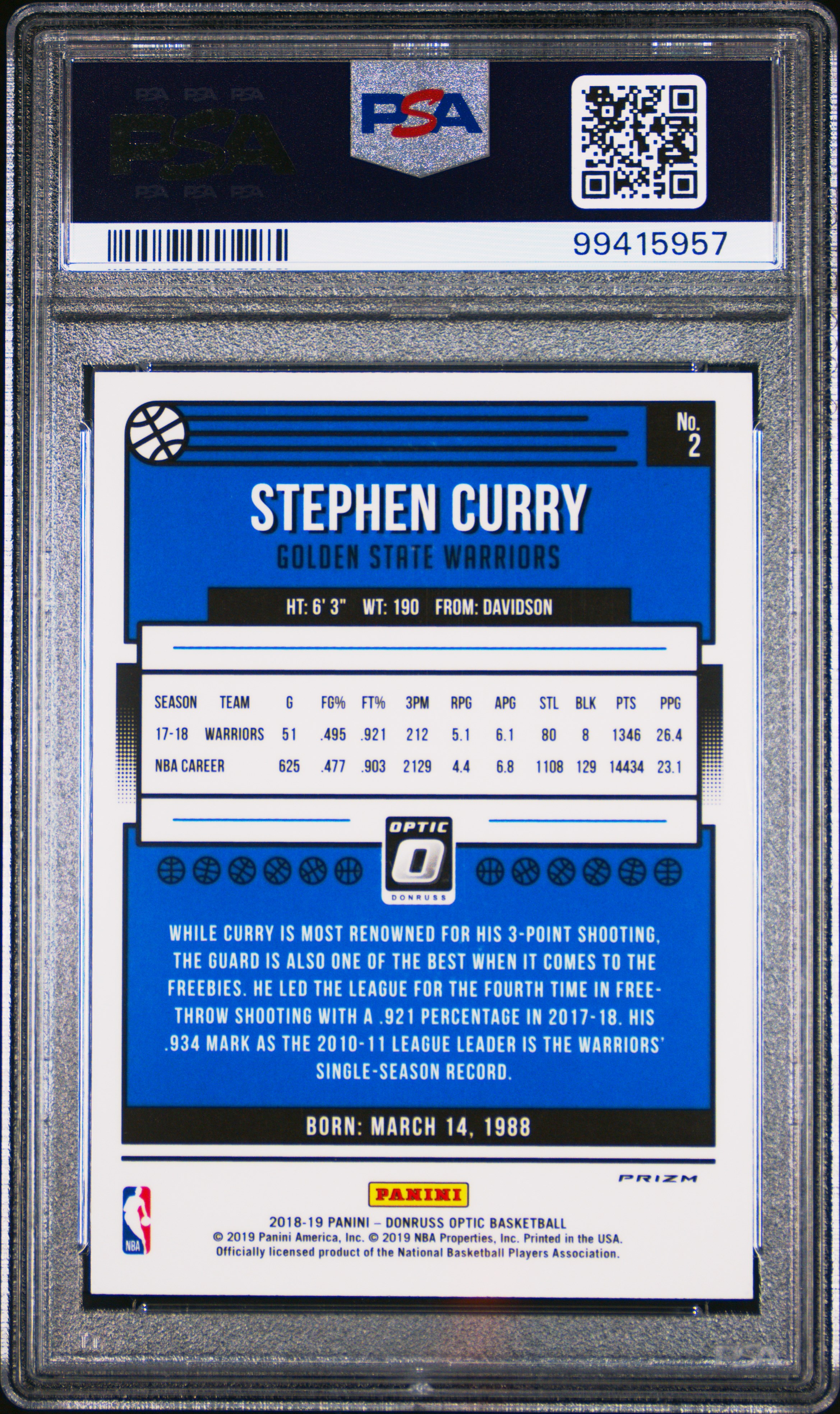 2018 Panini Donruss Optic Stephen Curry #2 (Hyper Pink) Mint 9 back