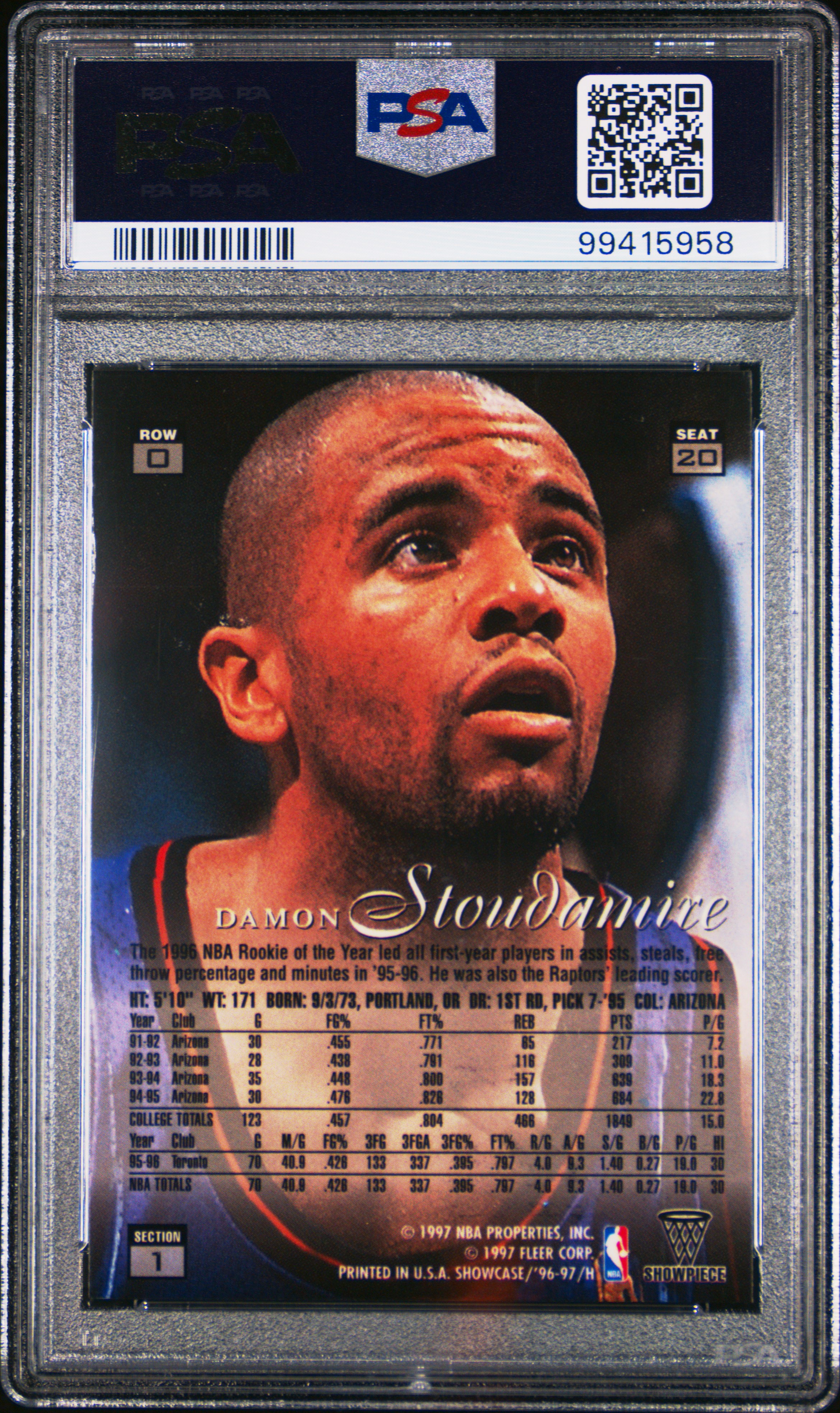 1996 Flair Showcase Damon Stoudamire #20 (Row 0) Mint 9 back