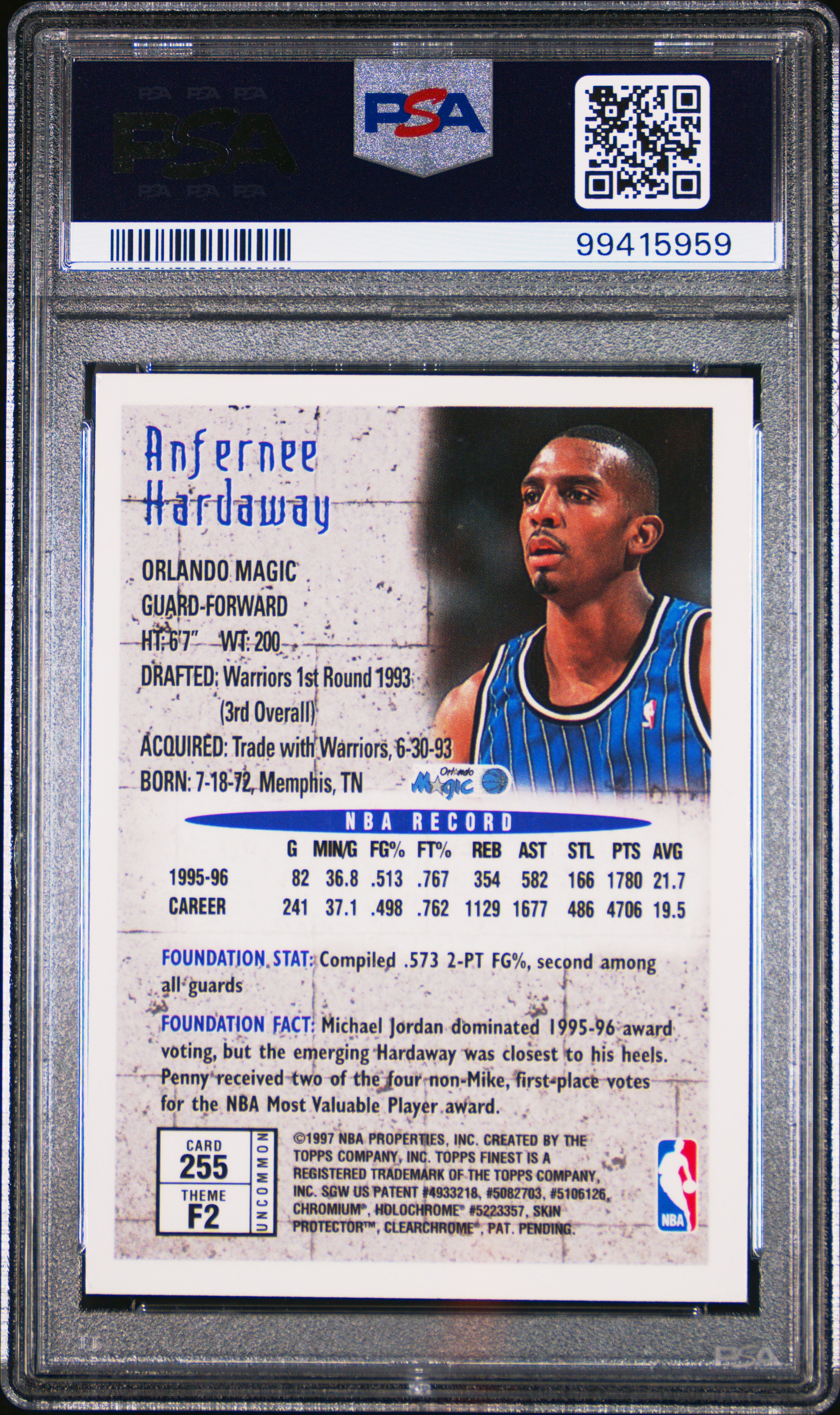 1996 Finest Anfernee Hardaway #255 (W/Coating) Nm-Mt 8 back