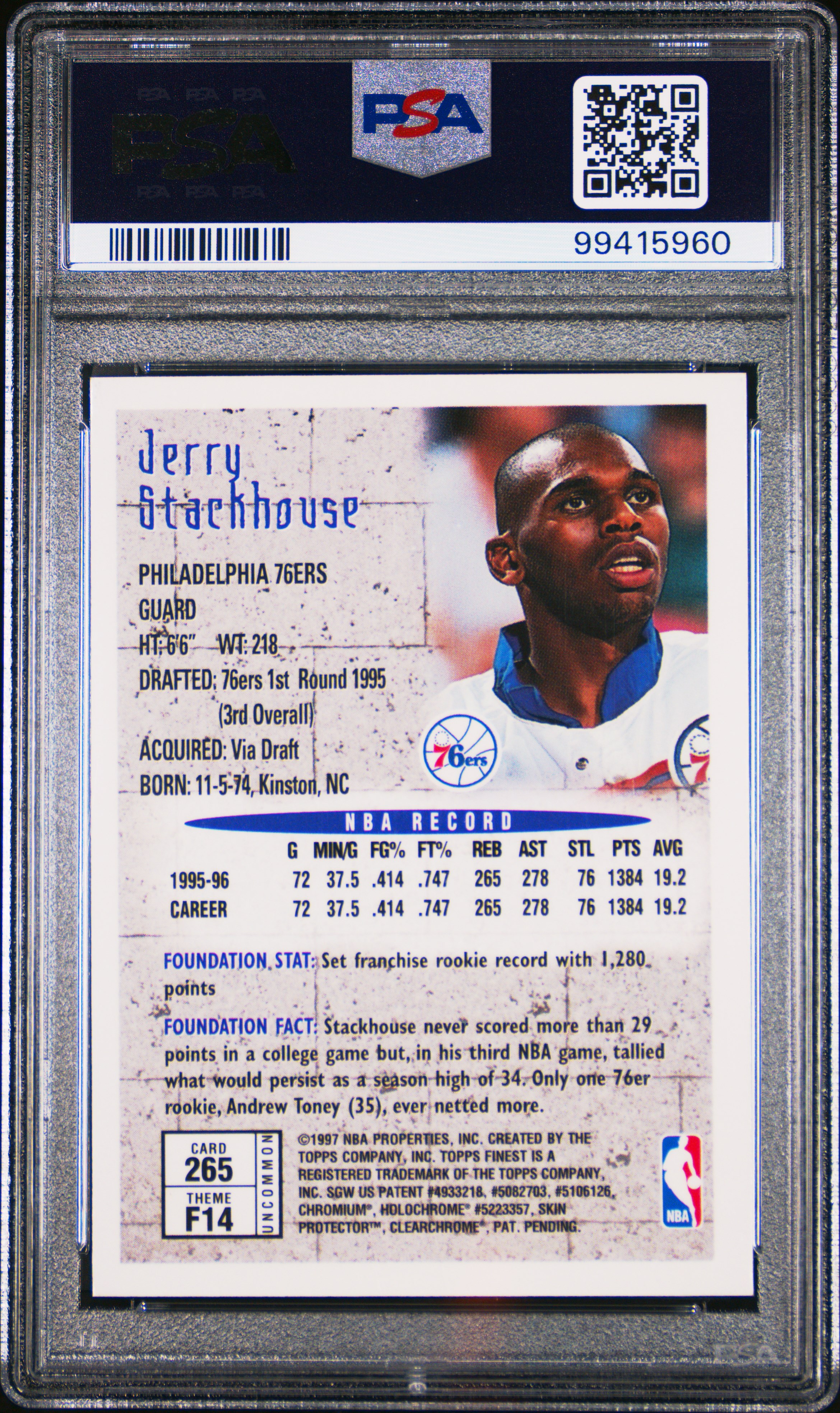 1996 Finest Jerry Stackhouse #265 (W/Coating) Nm-Mt 8 back