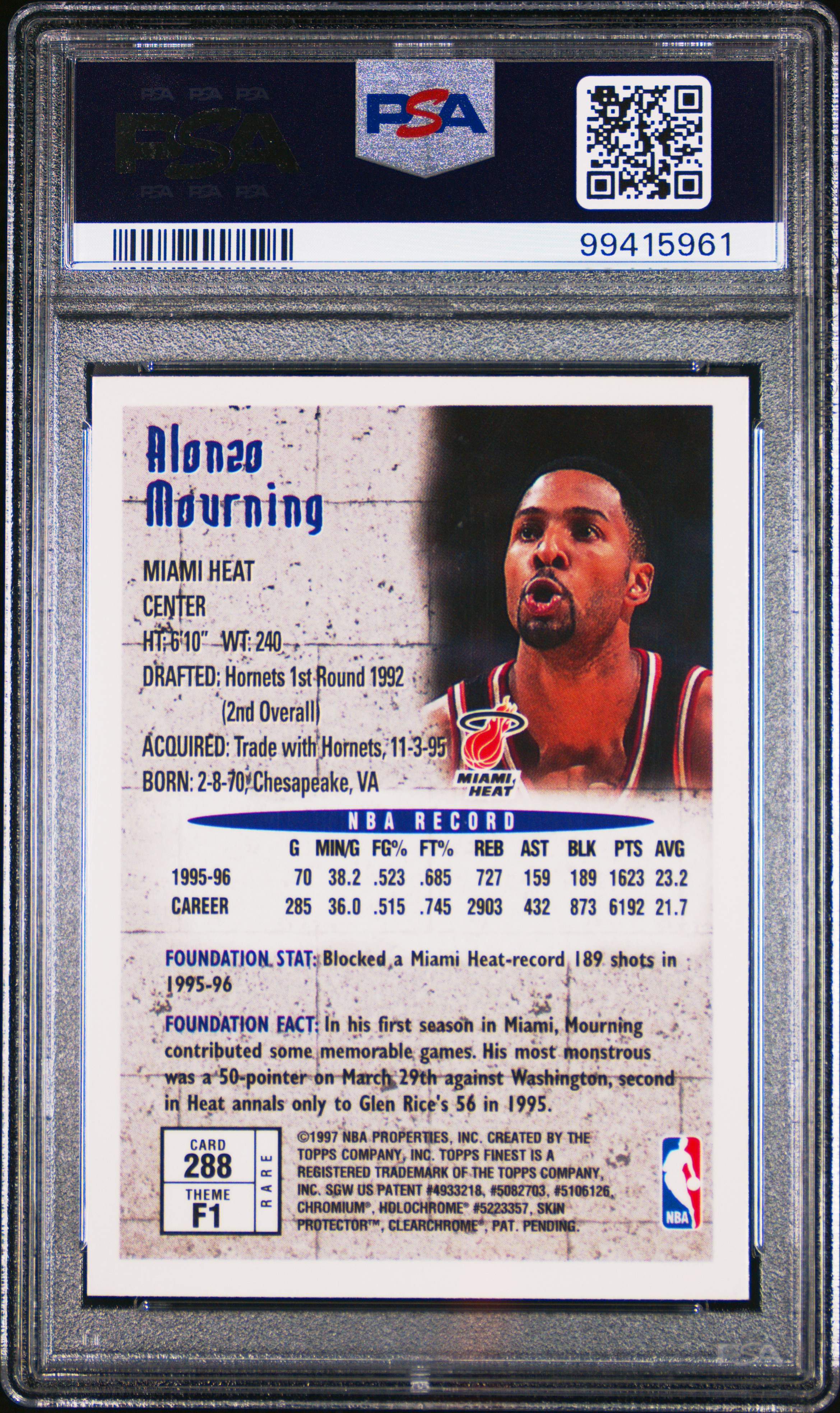 1996 Finest Alonzo Mourning #288 (W/Coating) Nm-Mt 8 back