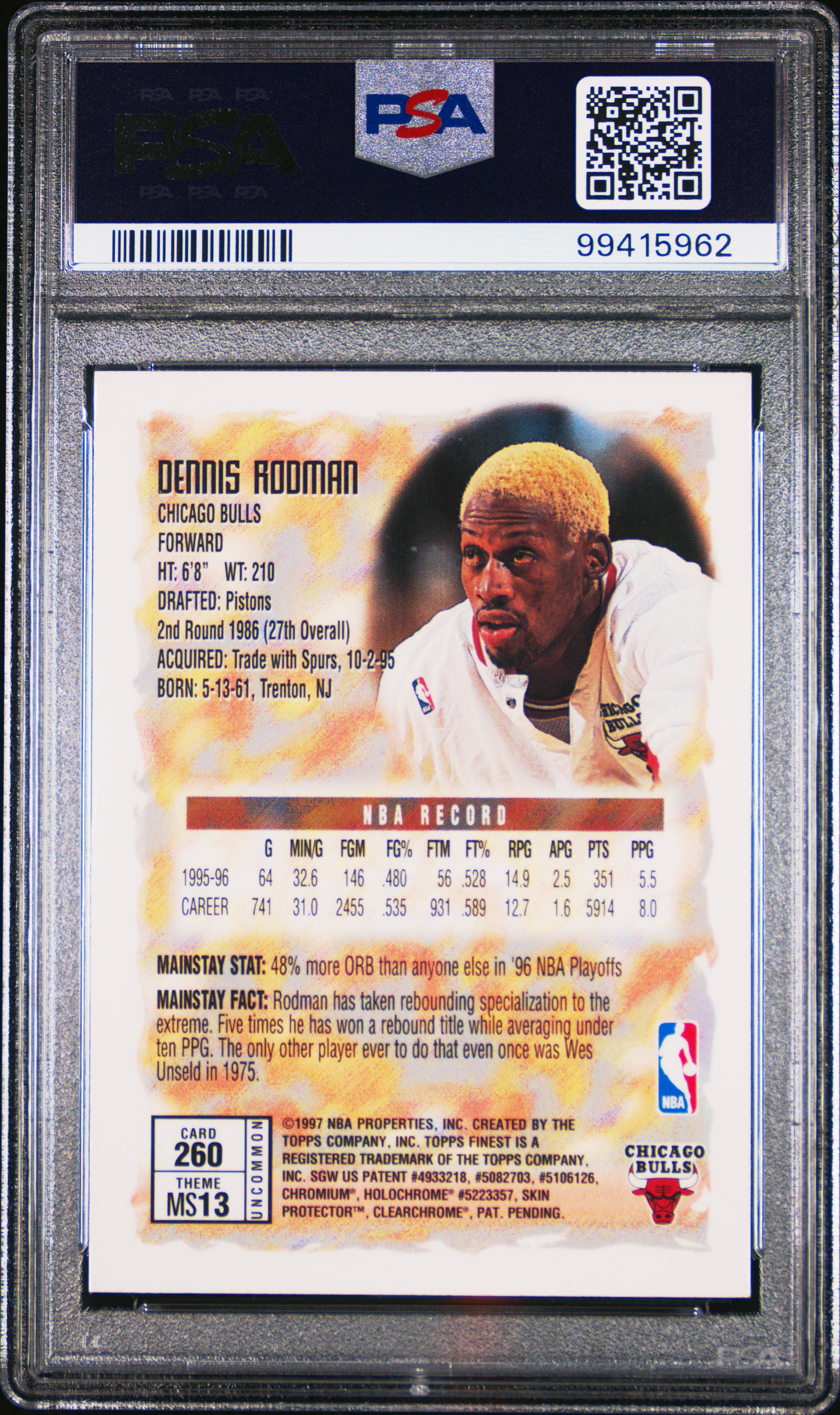 1996 Finest Dennis Rodman #260 (W/Coating) Nm-Mt 8 back