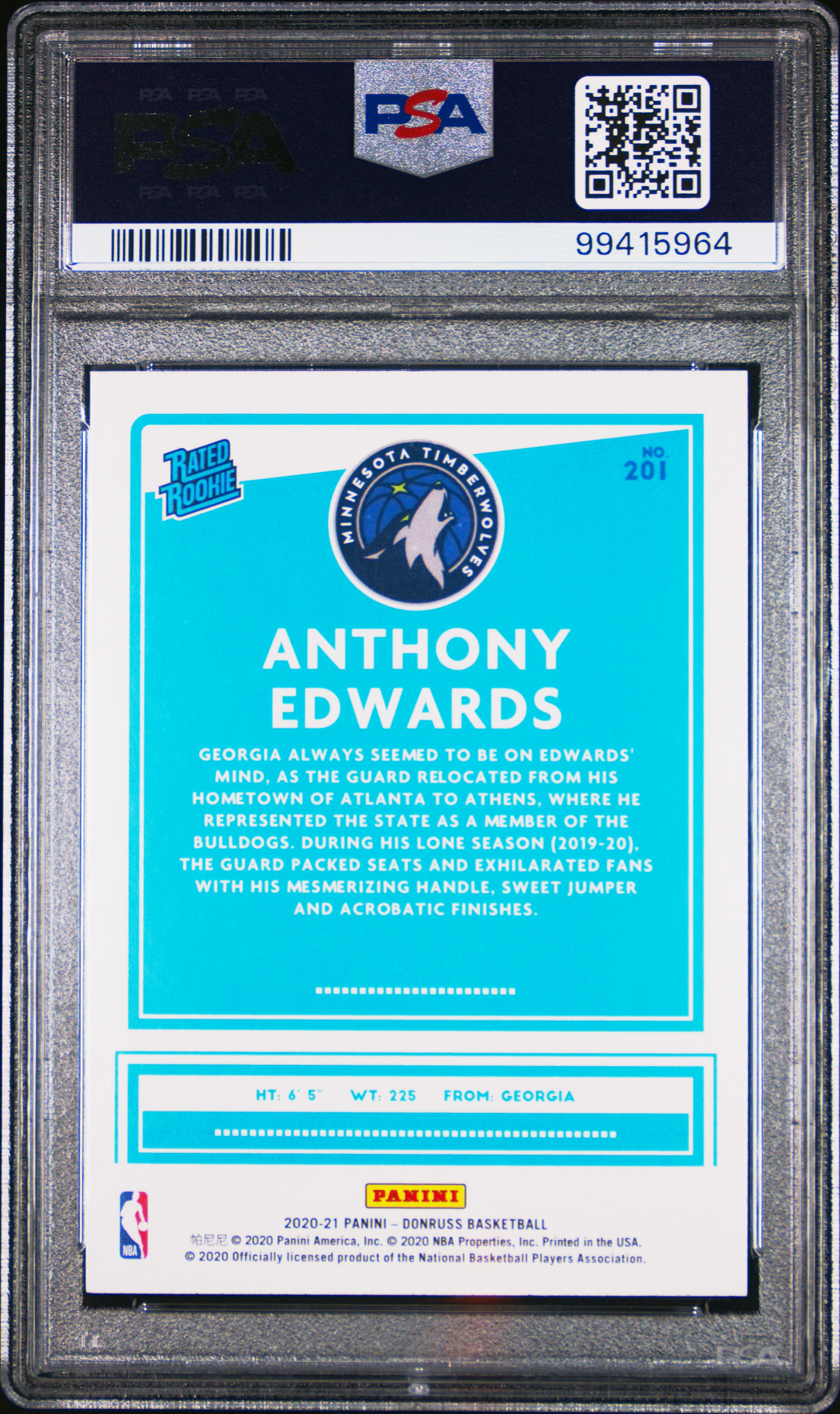 2020 Panini Donruss Anthony Edwards #201 Gem Mt 10 back