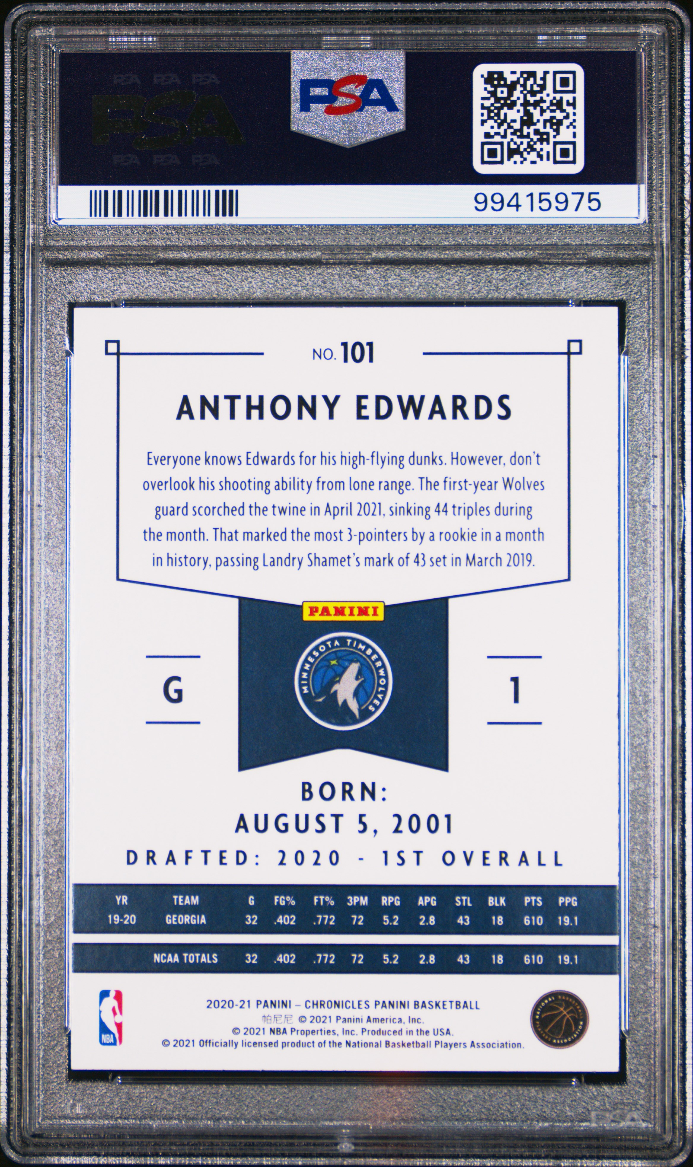 2020 Panini Chronicles Anthony Edwards #101 (Pink) Nm-Mt 8 back