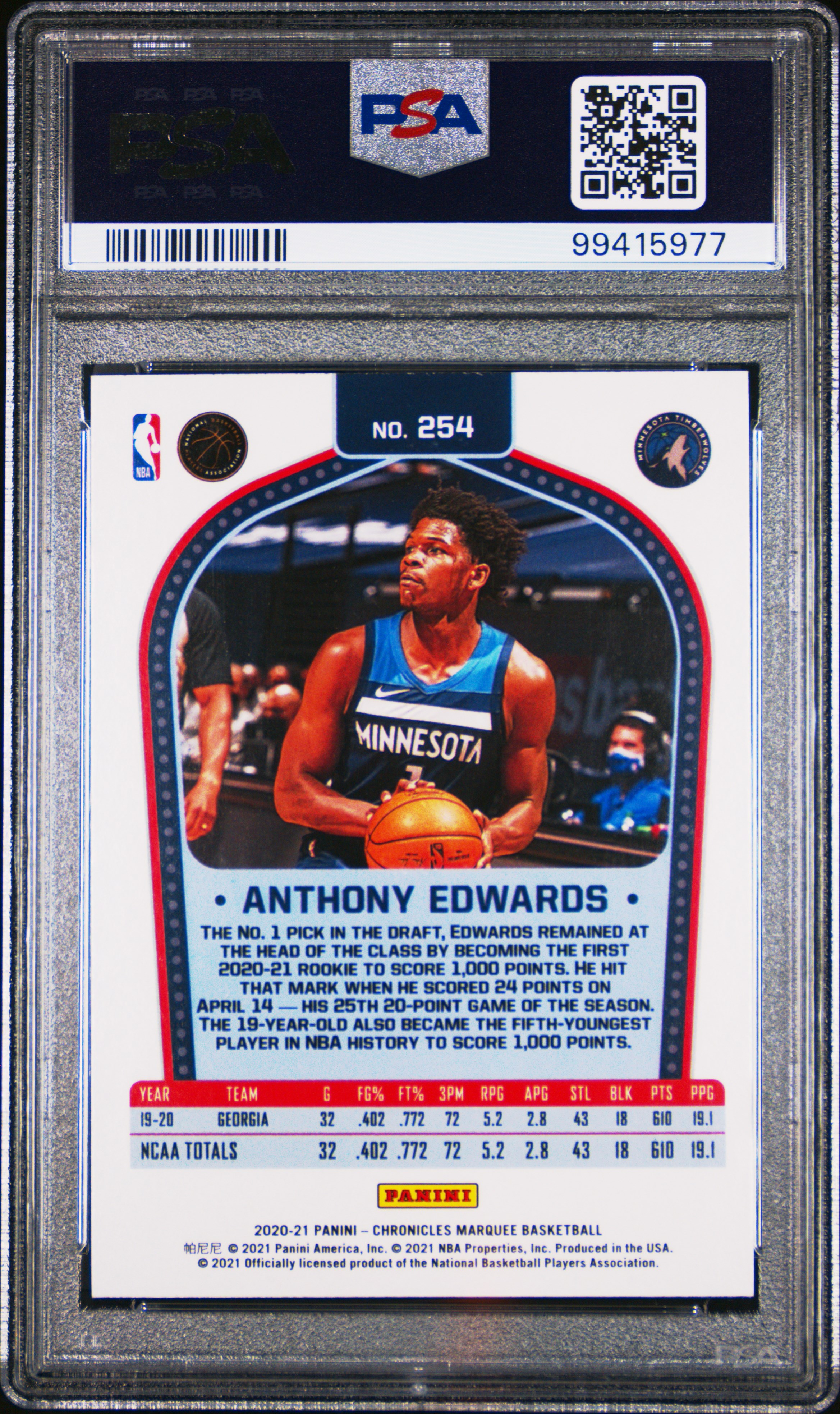 2020 Panini Chronicles Anthony Edwards #254 Nm-Mt 8 back