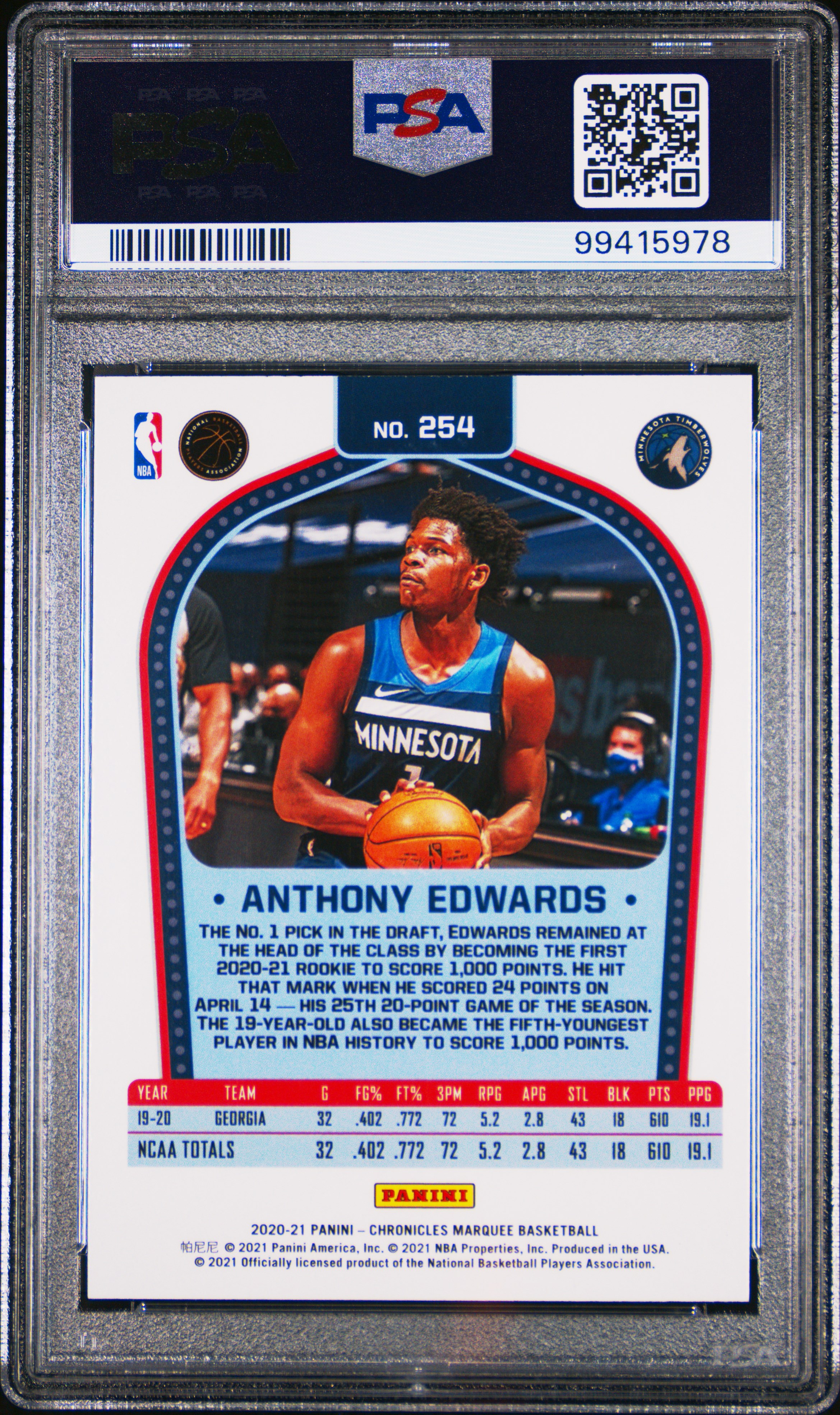 2020 Panini Chronicles Anthony Edwards #254 Gem Mt 10 back