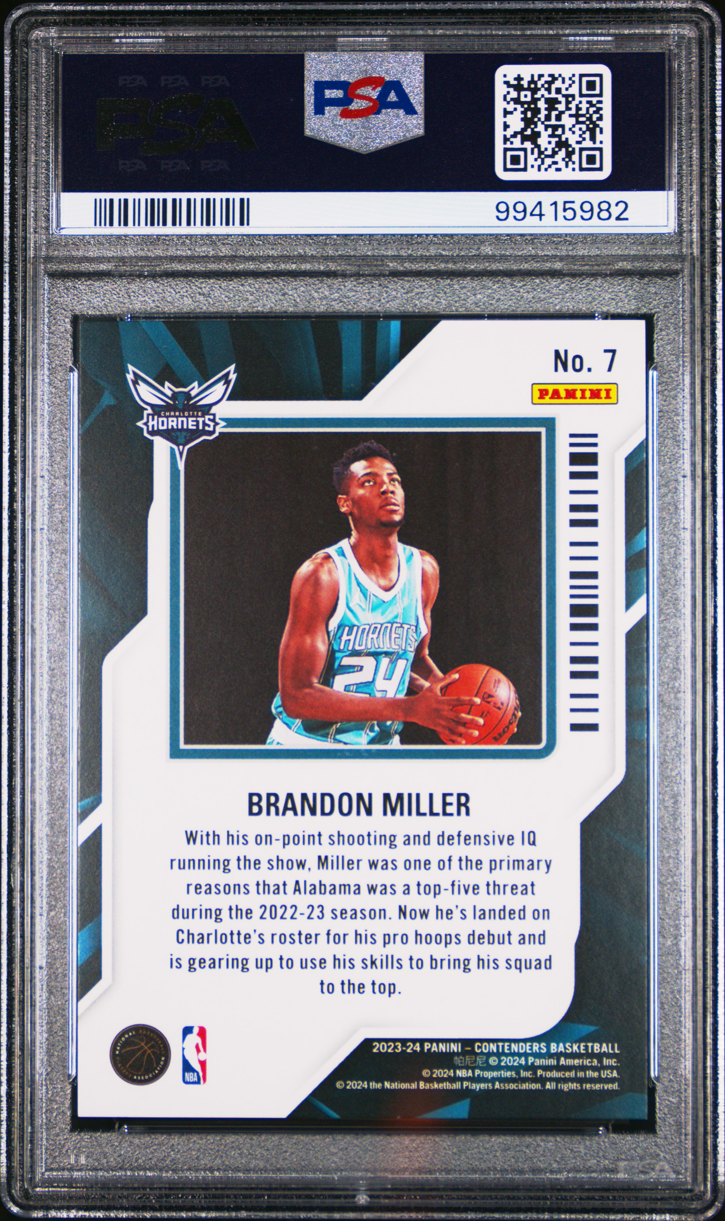 2023 Panini Contenders Rookie Of The Year Contenders Brandon Miller #7 Mint 9 back