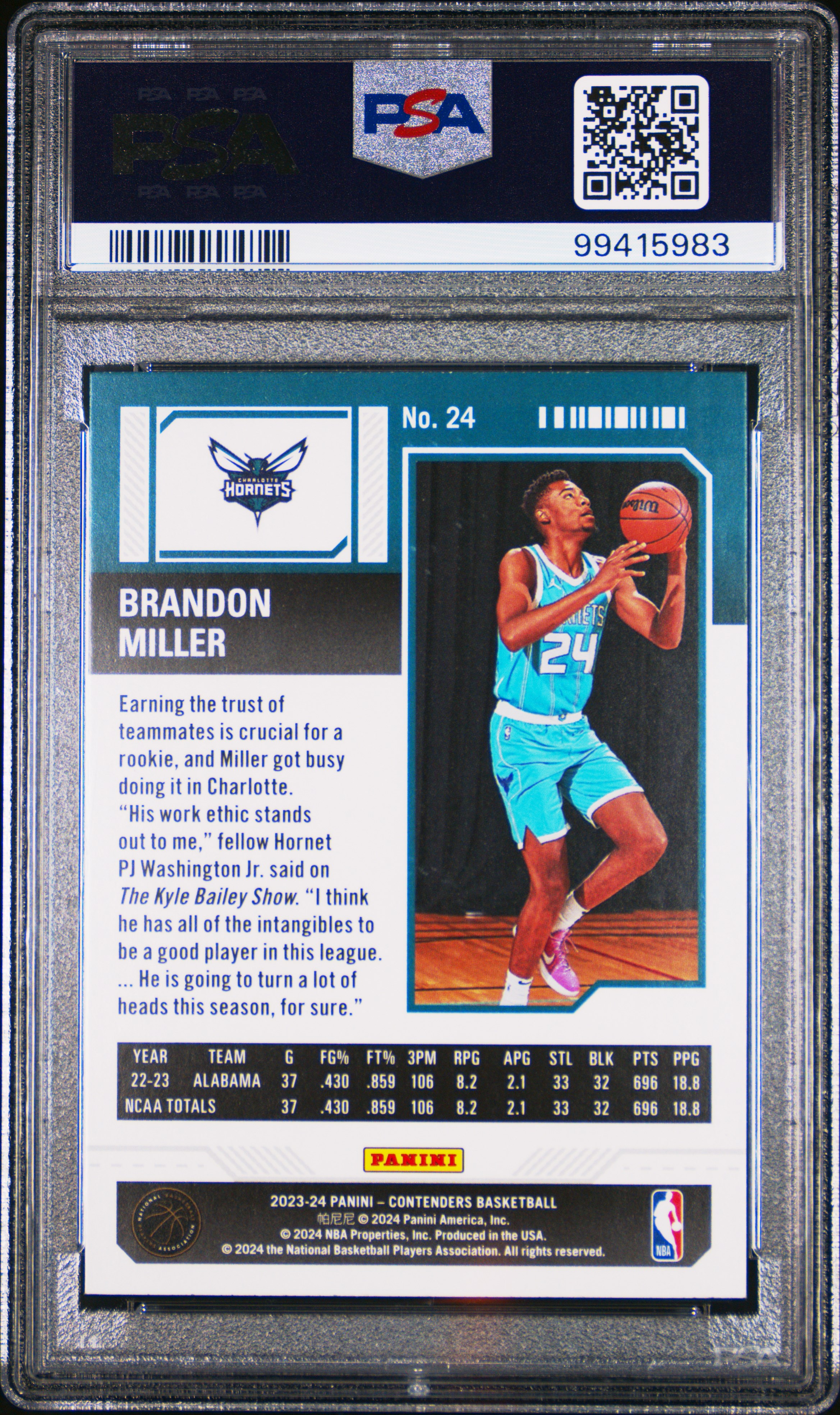 2023 Panini Contenders Brandon Miller #24 Gem Mt 10 back