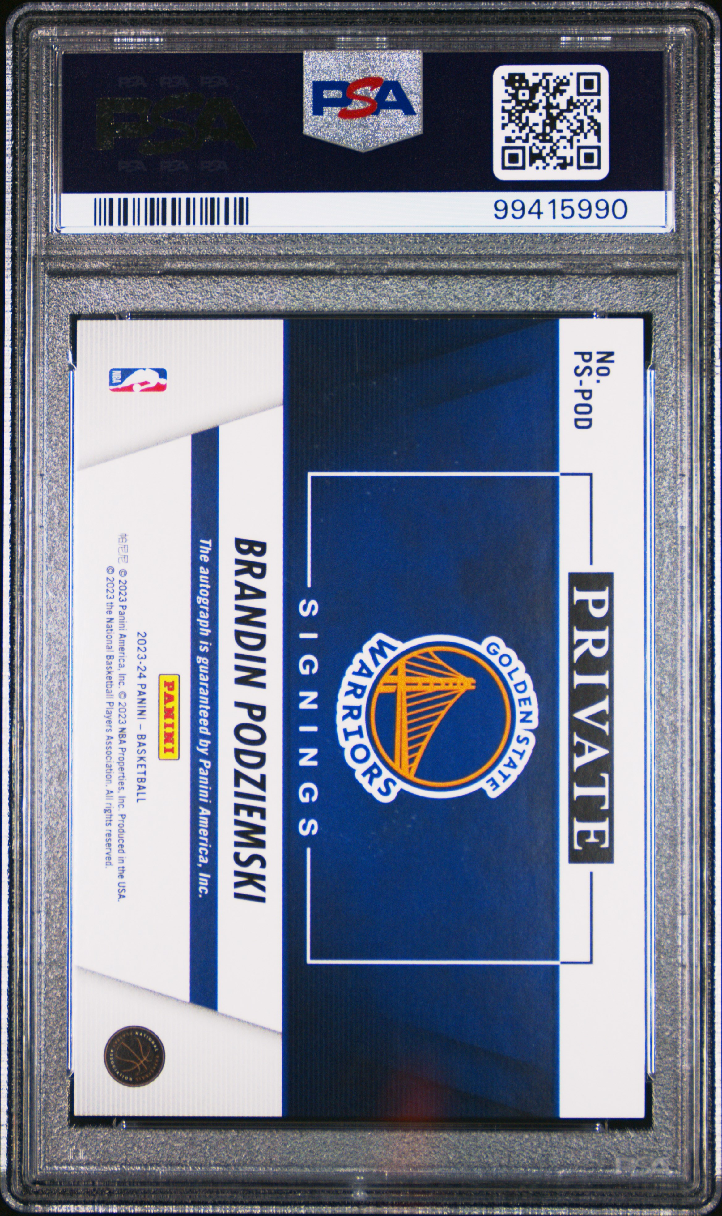 2023 Panini Phoenix 2023 Hoops Private Signings Brandin Podziemski #Pspod ('23 Hoops Private Signing) Gem Mt 10 back