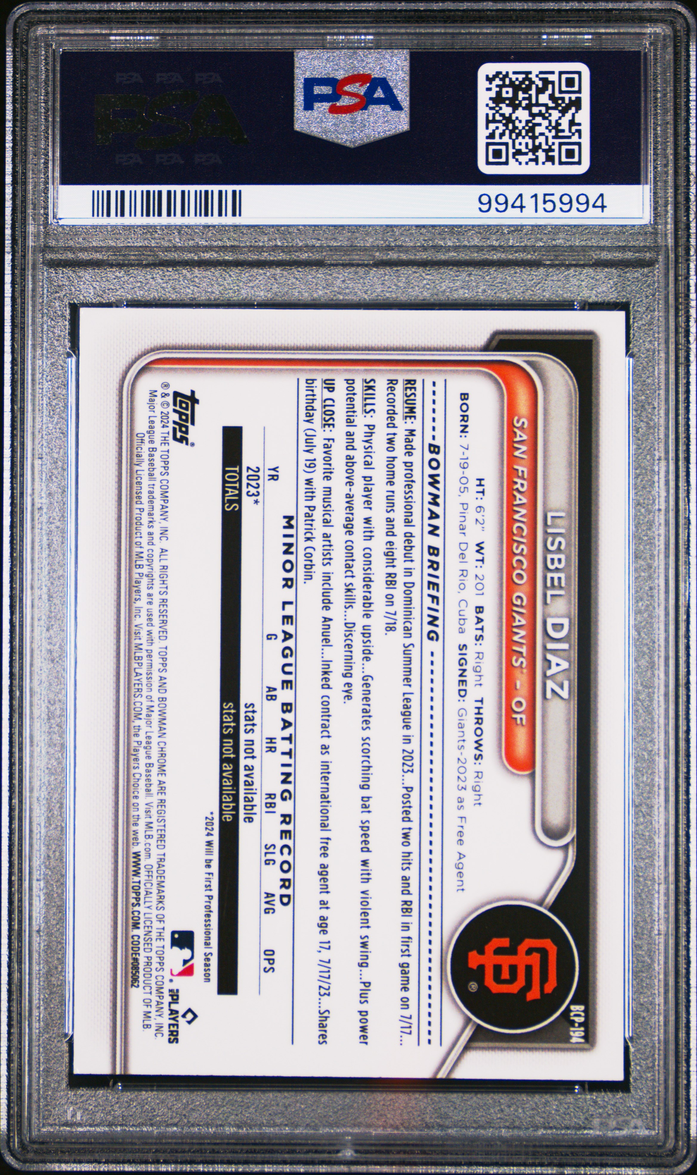 2024 Bowman Chrome Prospects Lisbel Diaz #Bcp194 (Prospects-Purple Ref) Mint 9 back