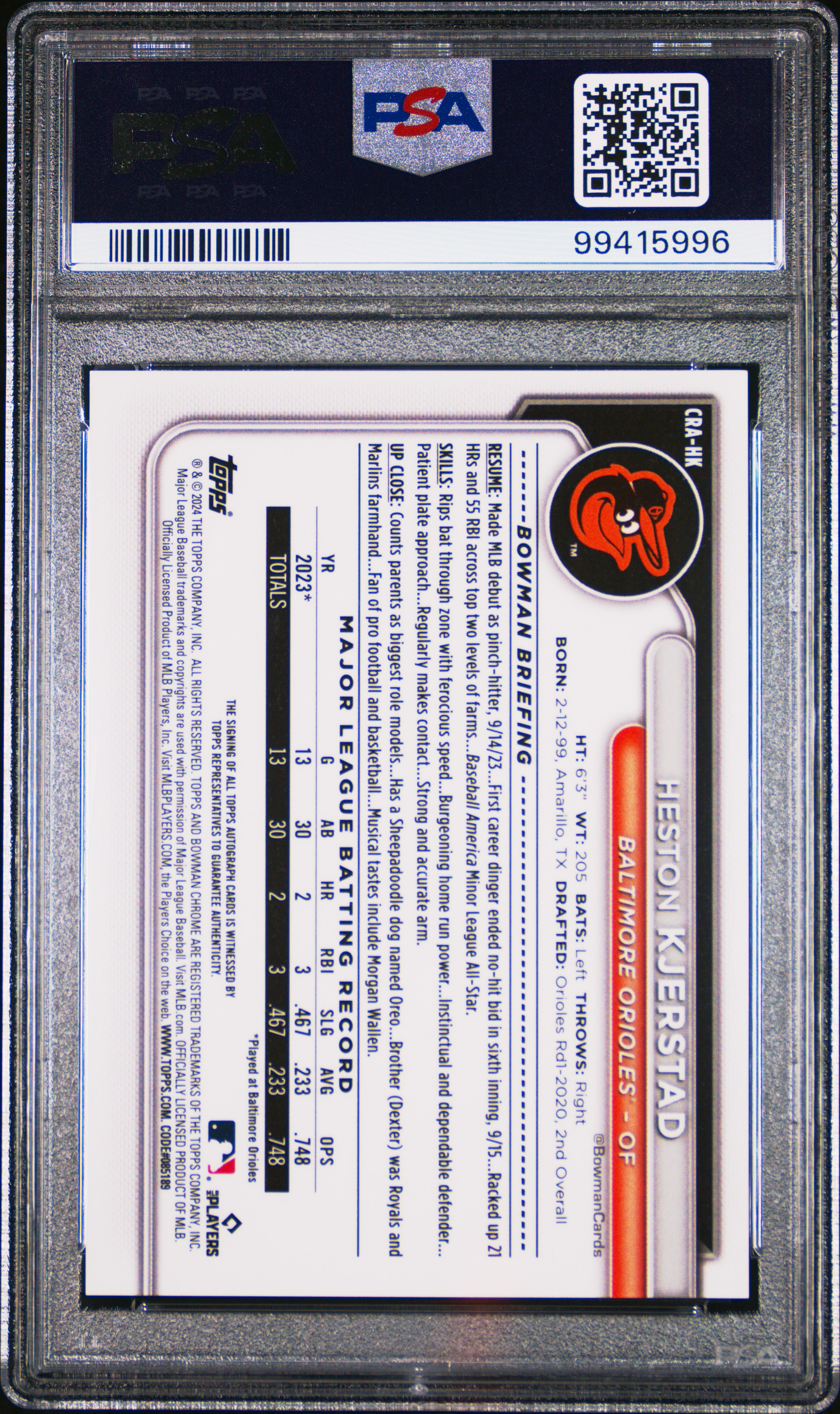 2024 Bowman Chrome Chrome Rookie Autographs Heston Kjerstad #Crahk Gem Mt 10 back