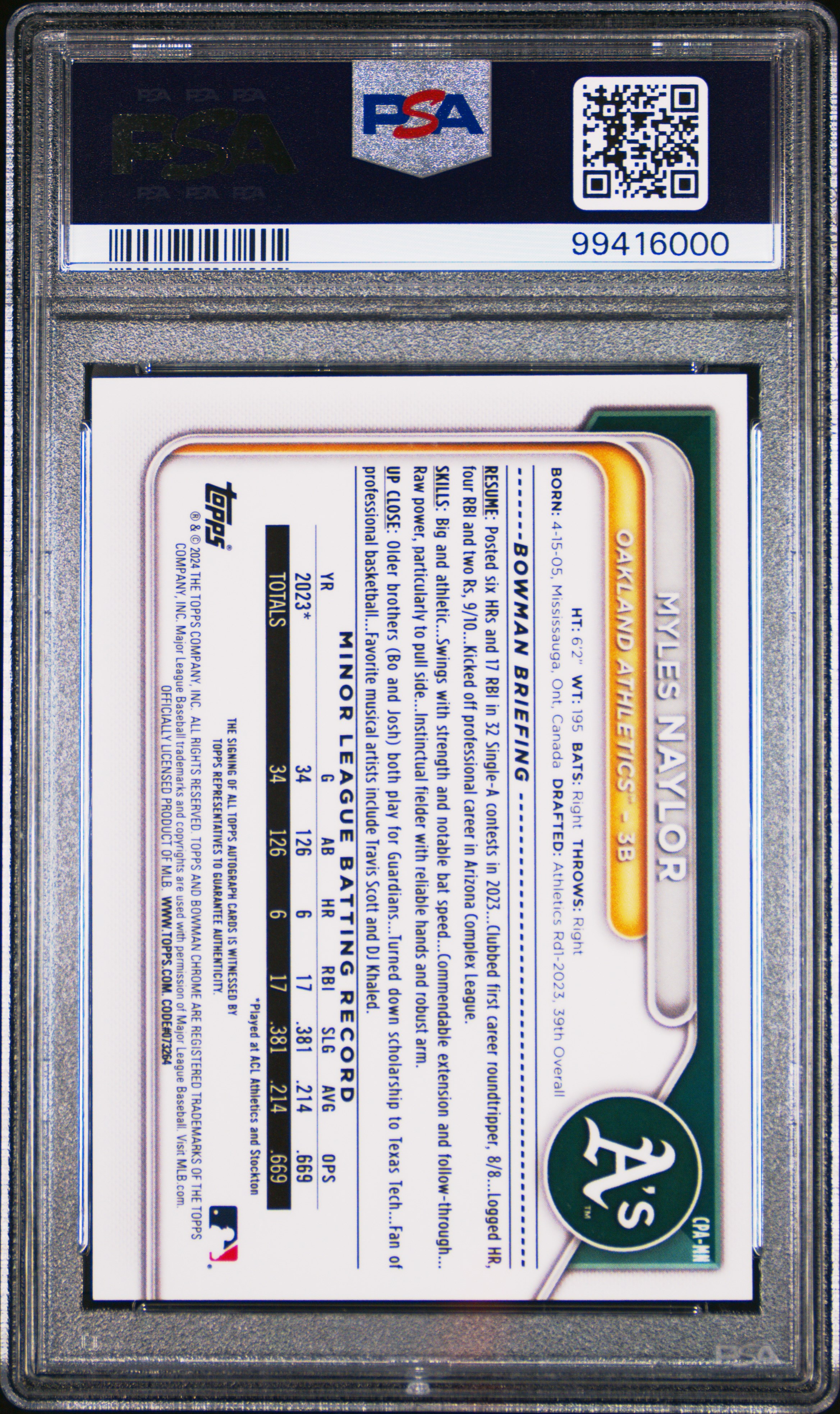 2024 Bowman Chrome Prospect Autographs Myles Naylor #Cpamn (Prospect Autograph) Gem Mt 10 back