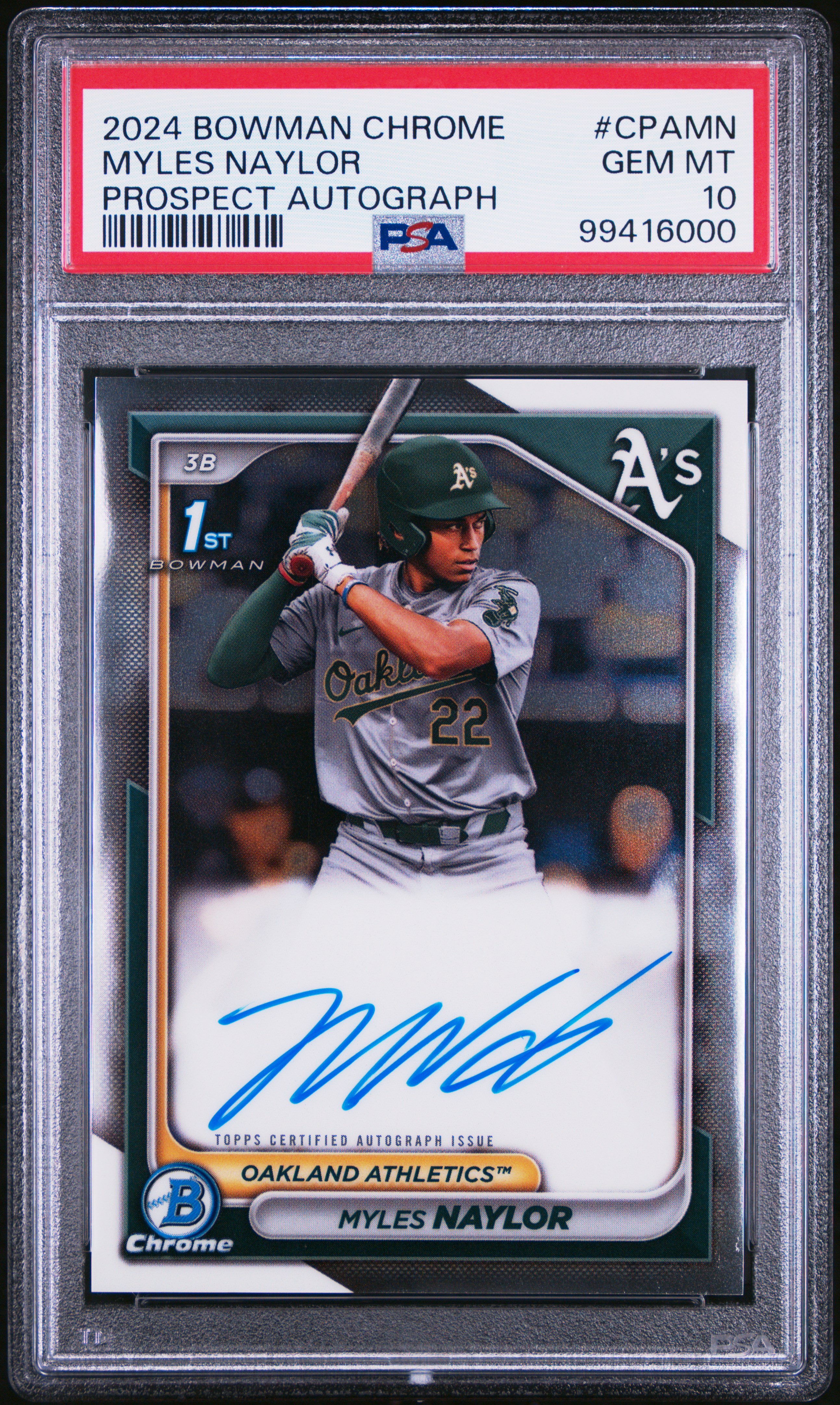 2024 Bowman Chrome Prospect Autographs Myles Naylor #Cpamn (Prospect Autograph) Gem Mt 10 front