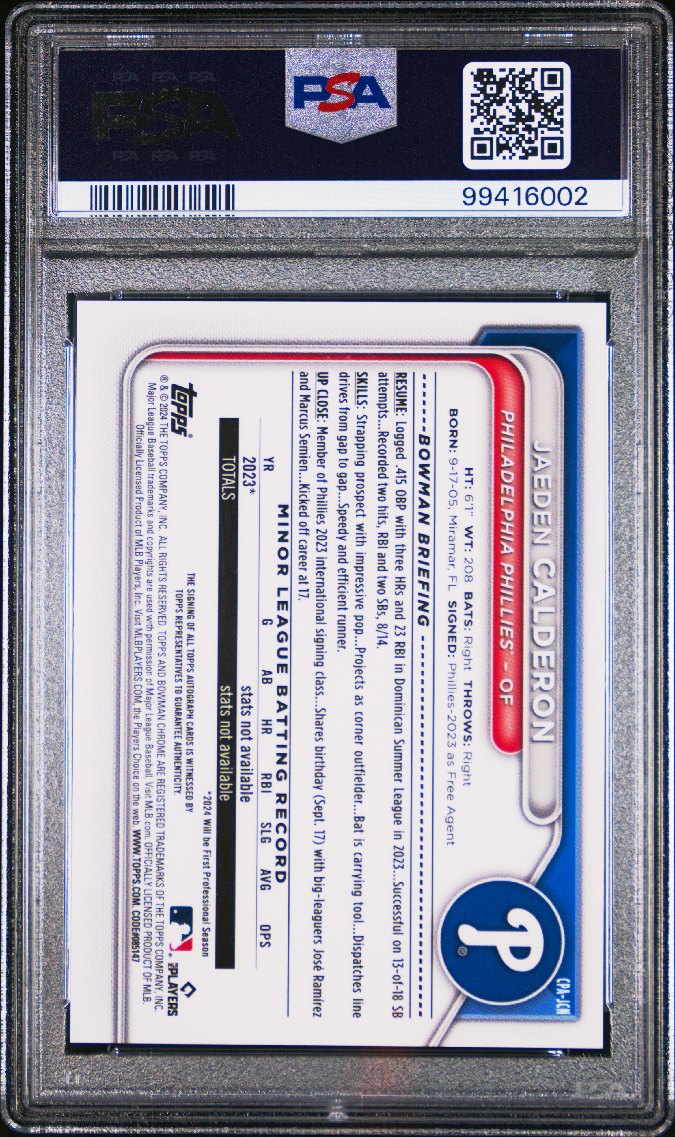 2024 Bowman Chrome Prospect Autographs Jaeden Calderon #Cpajcn (Prospect Autograph) Mint 9 back