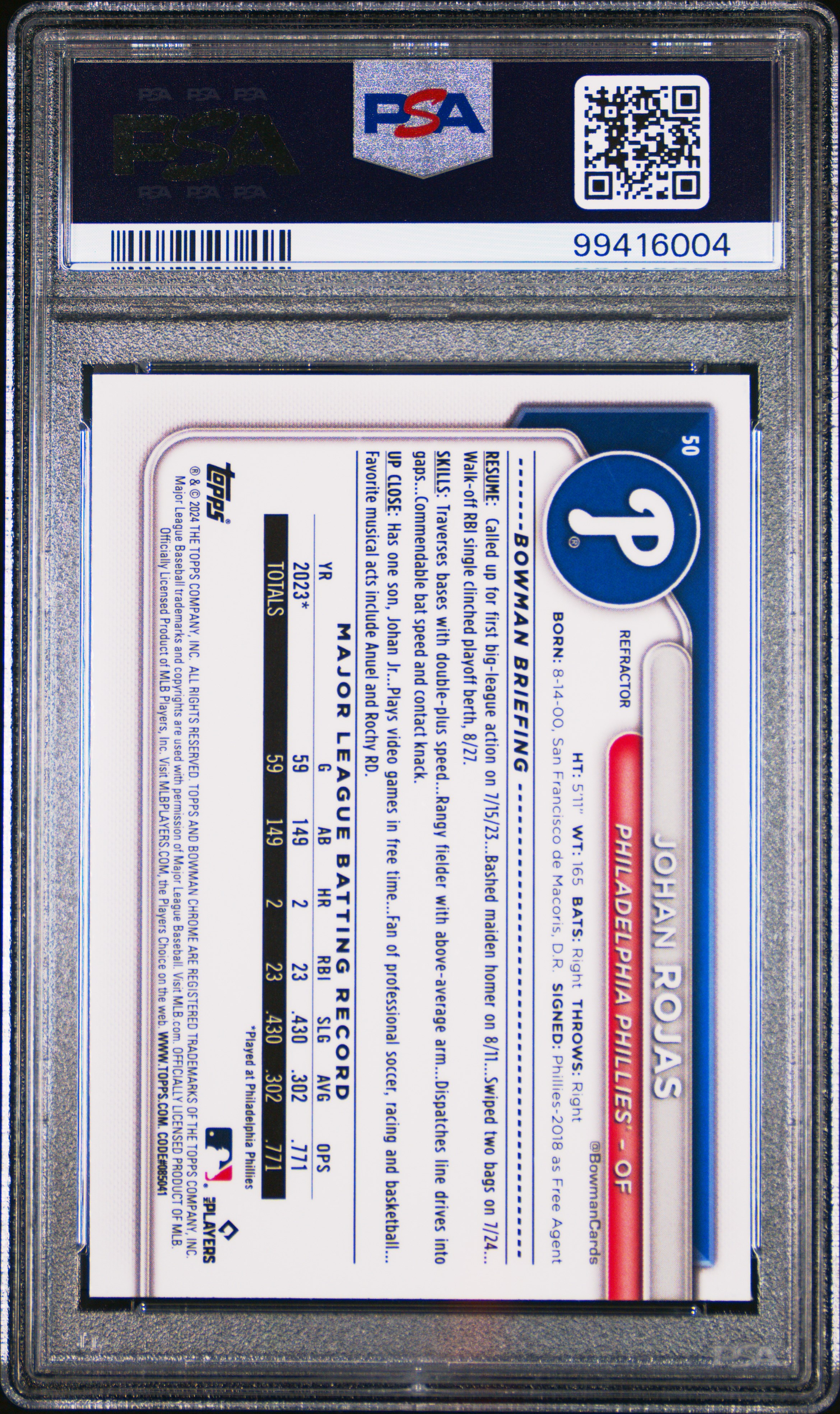 2024 Bowman Chrome Johan Rojas #50 (Refractor) Gem Mt 10 back