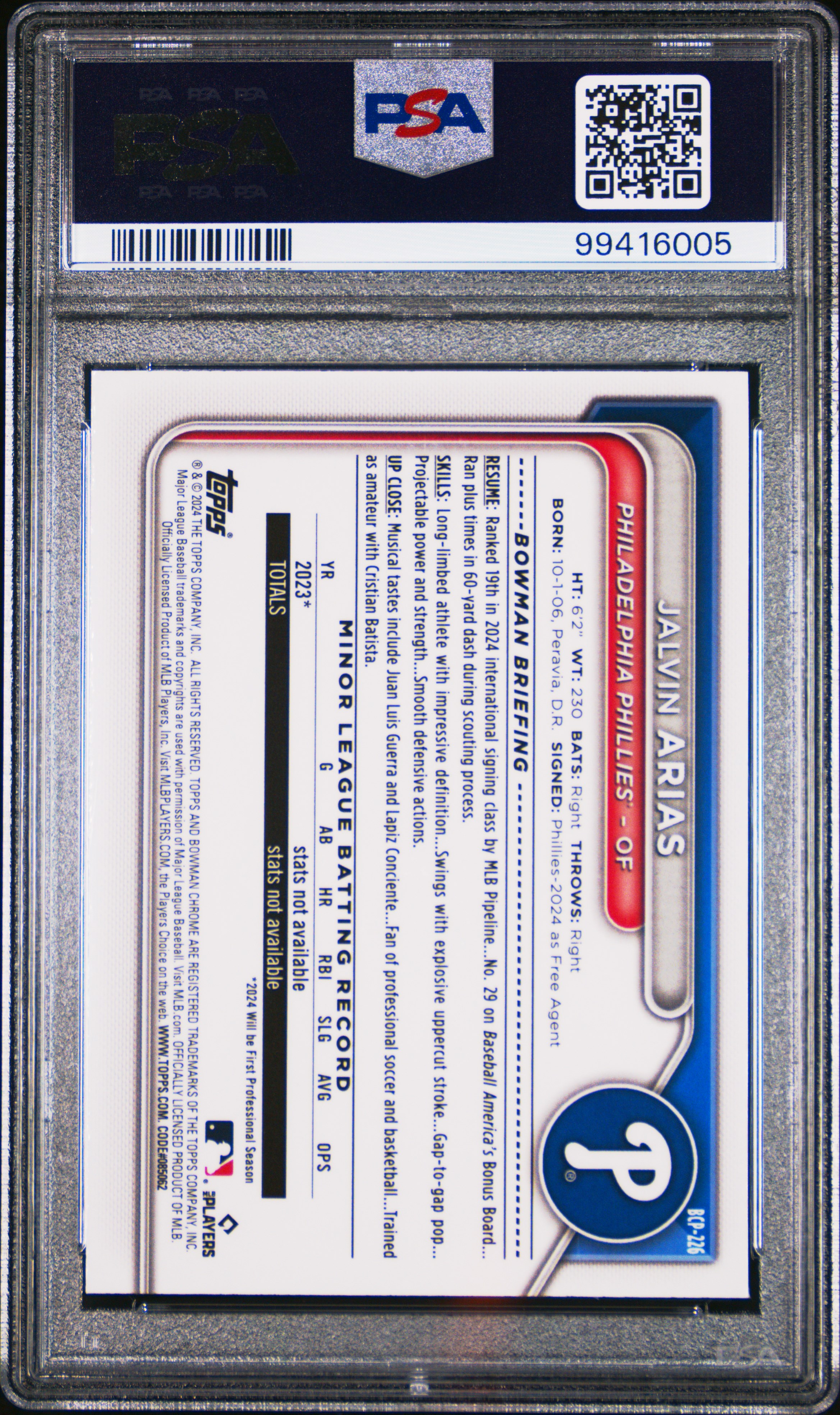 2024 Bowman Chrome Prospects Jalvin Arias #Bcp226 (Prospects-Speckle Ref) Gem Mt 10 back