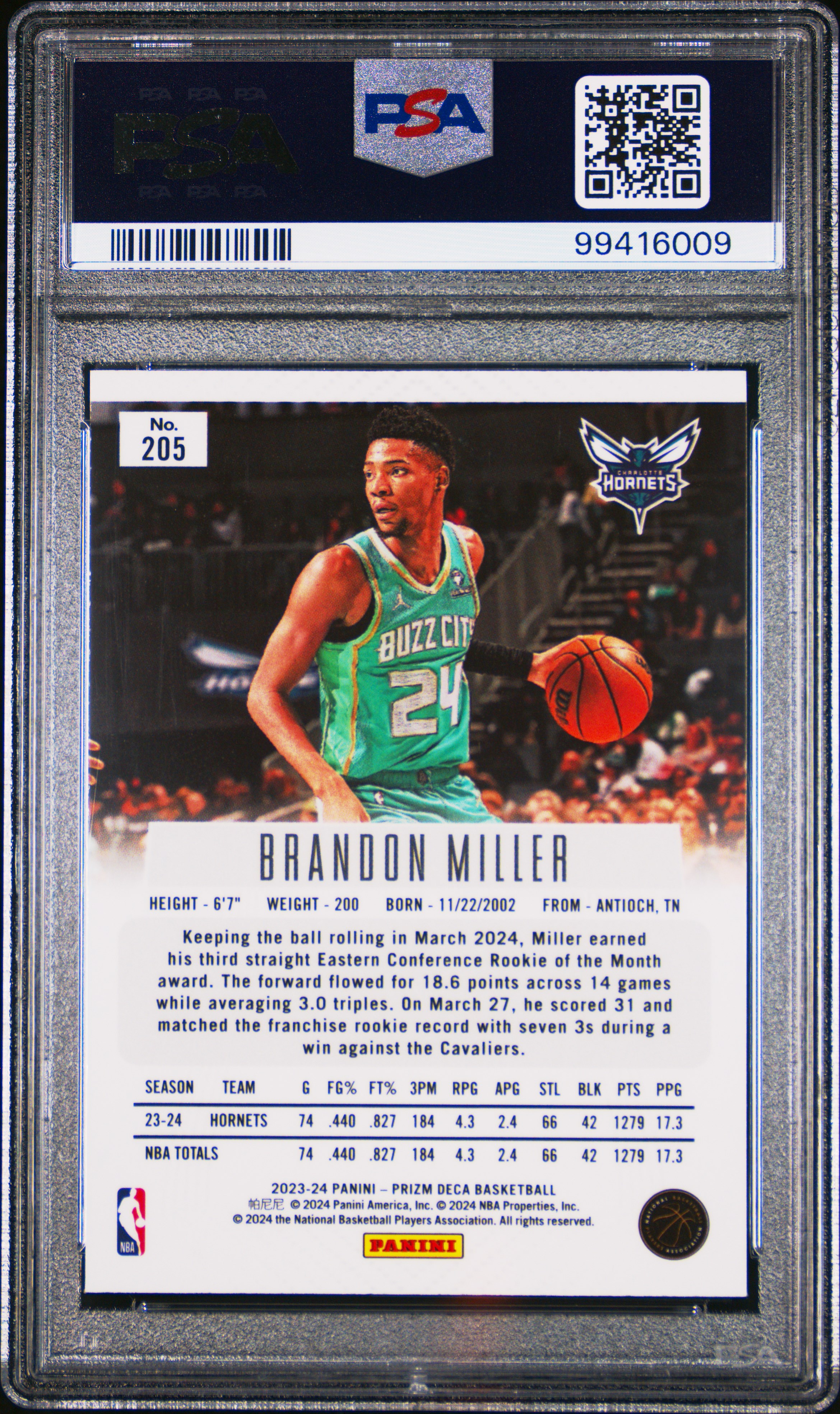 2023 Panini Prizm Deca Brandon Miller #205 Gem Mt 10 back