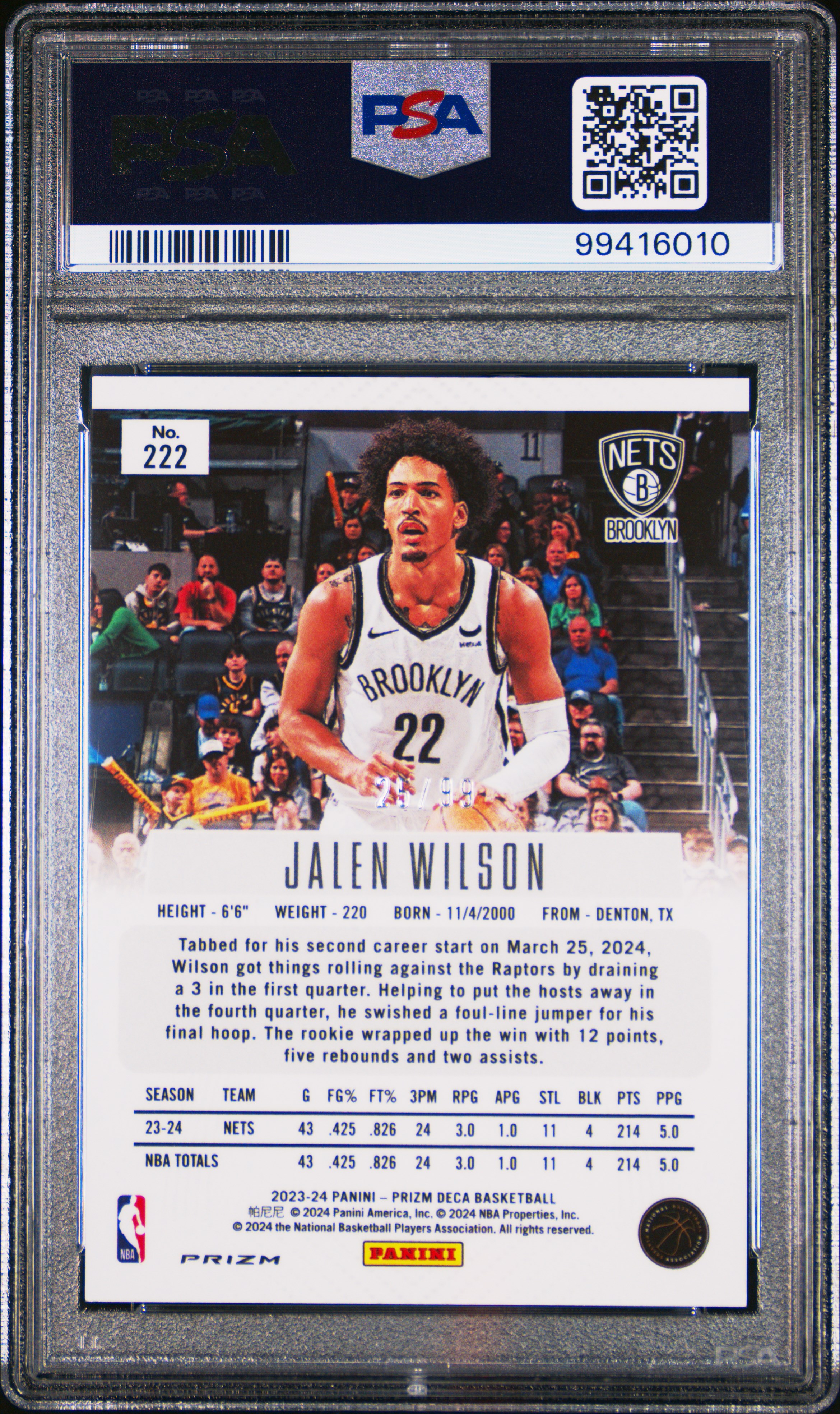 2023 Panini Prizm Deca Jalen Wilson #222 (Purple Prizm) Gem Mt 10 back