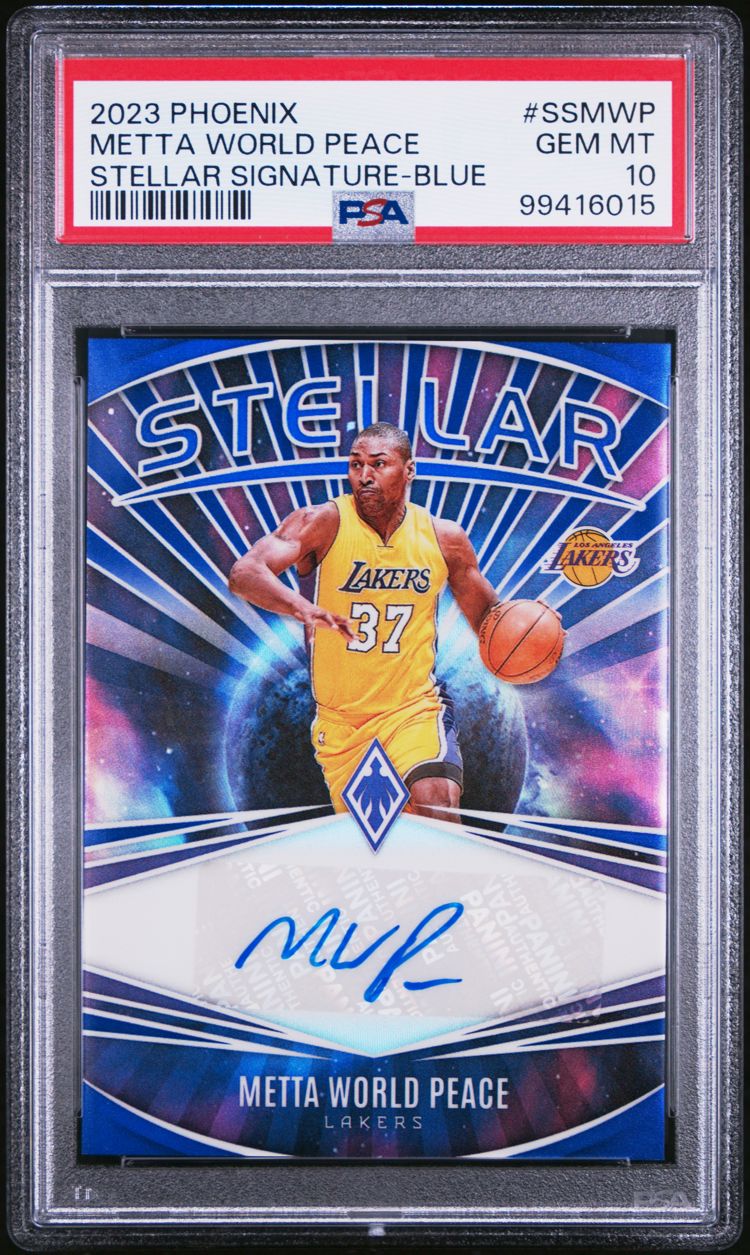 2023 Panini Phoenix Stellar Signatures Metta World Peace #Ssmwp (Stellar Signature-Blue) Gem Mt 10 front