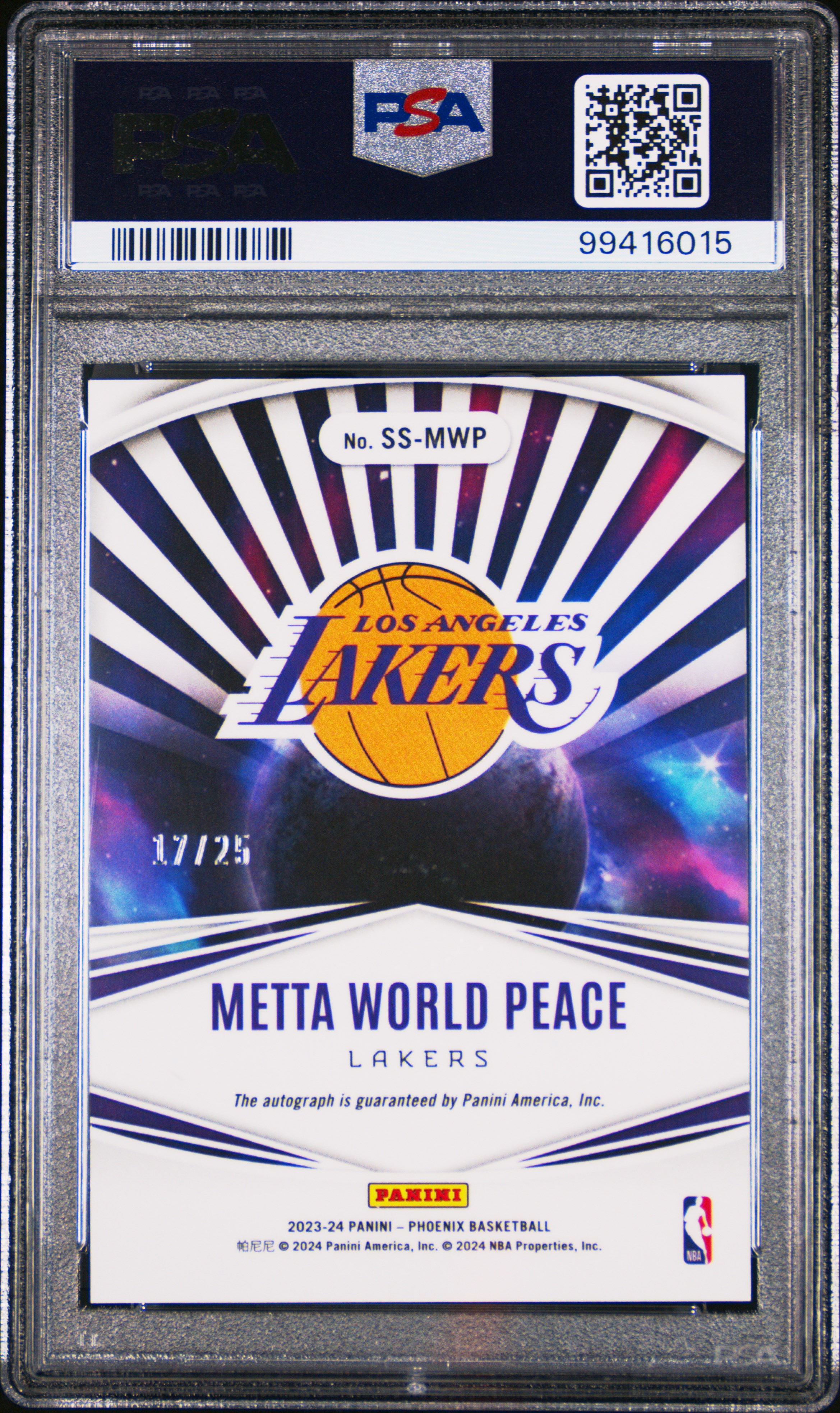 2023 Panini Phoenix Stellar Signatures Metta World Peace #Ssmwp (Stellar Signature-Blue) Gem Mt 10 back