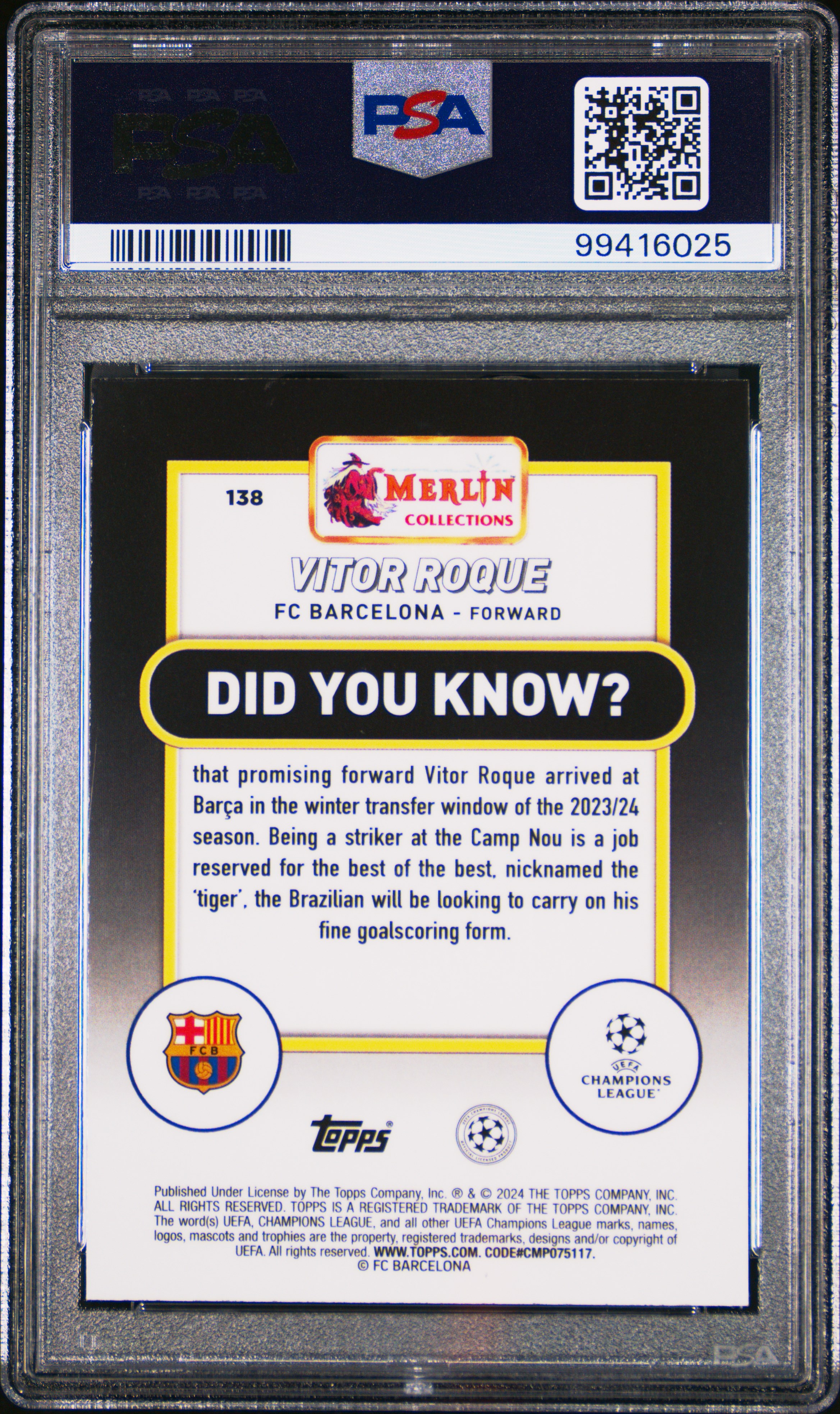 2023-24 Topps Merlin Uefa Club Competitions Vitor Roque #138 (Blue Refractor) Mint 9 back