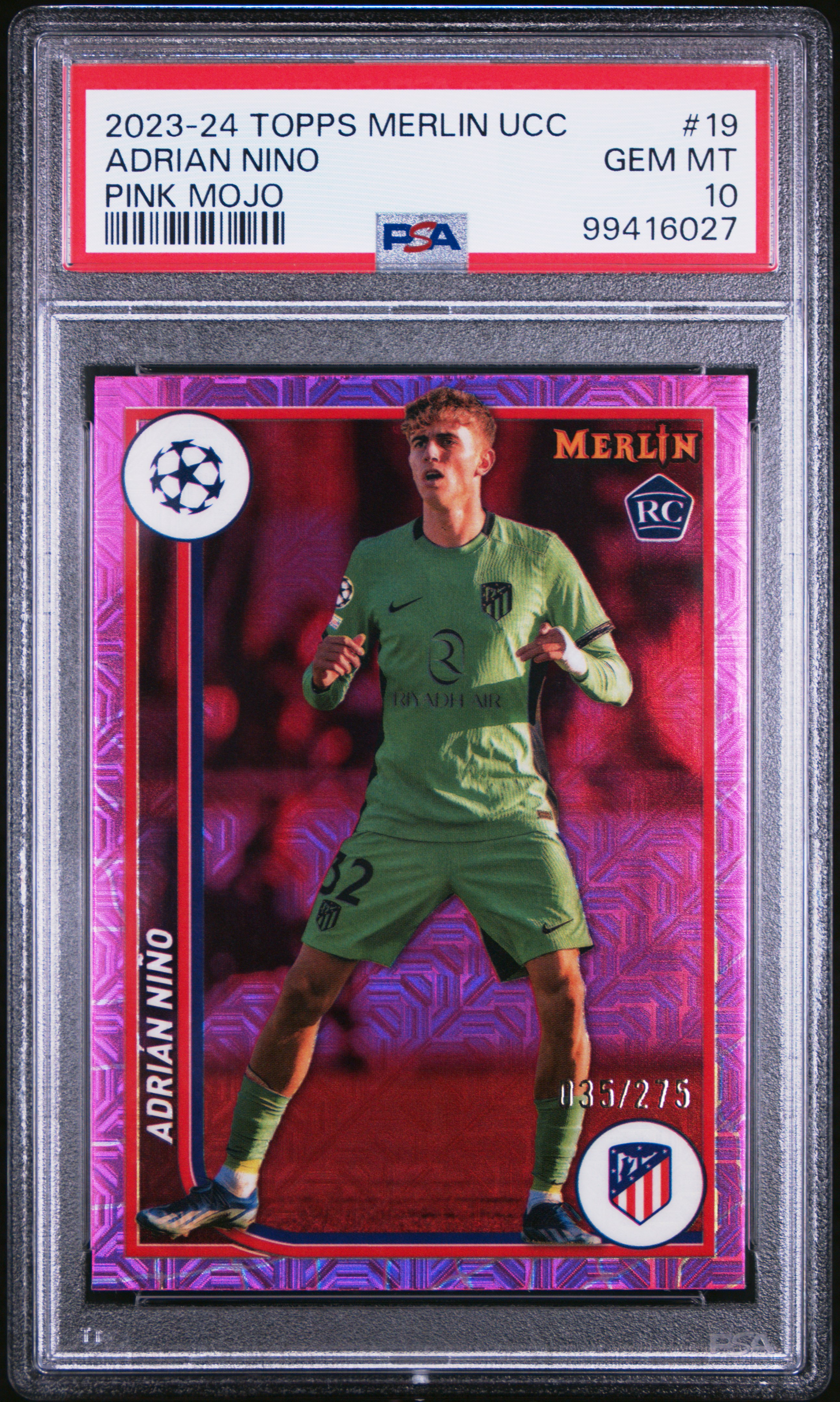 2023-24 Topps Merlin Uefa Club Competitions Adrian Nino #19 (Pink Mojo) Gem Mt 10 front