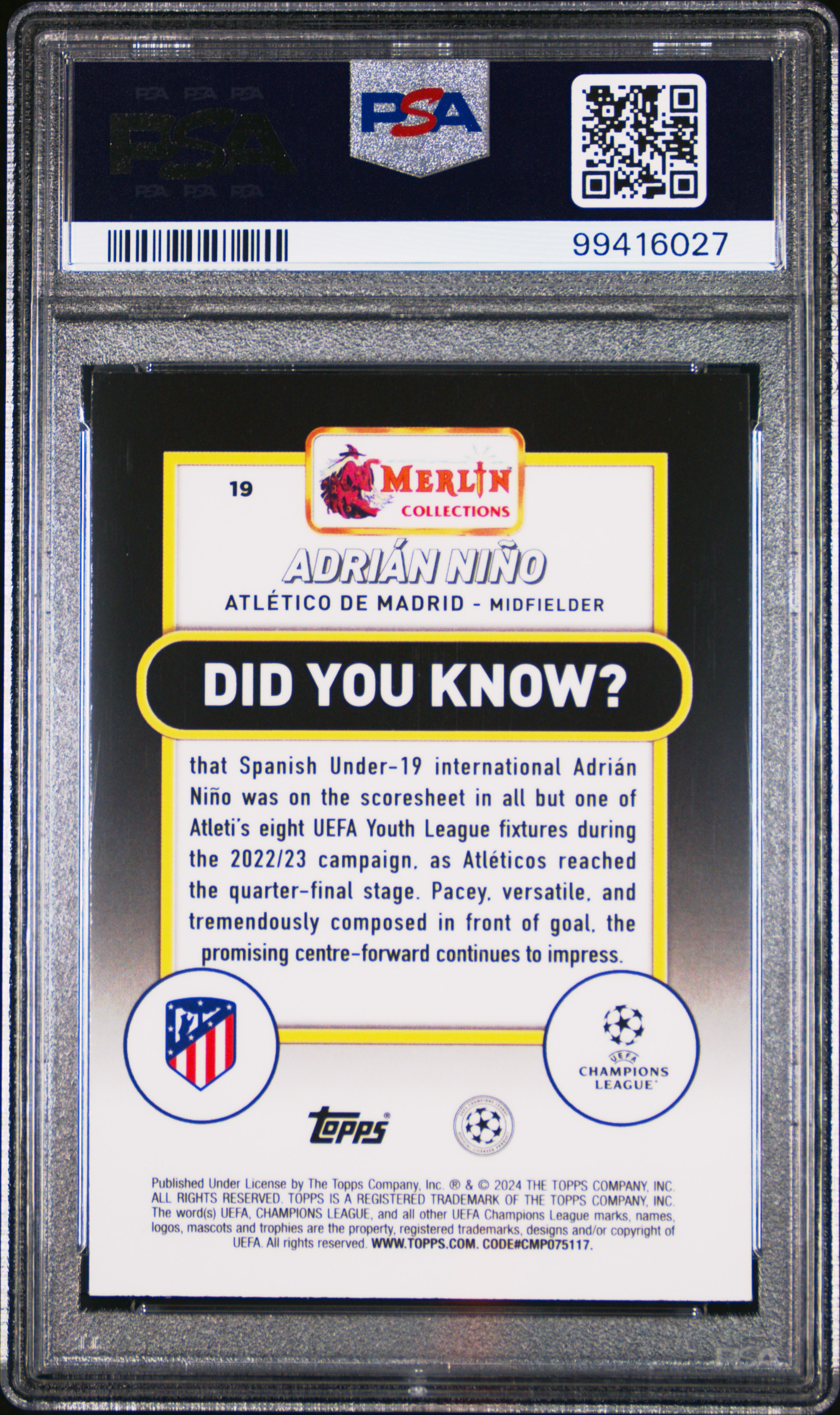 2023-24 Topps Merlin Uefa Club Competitions Adrian Nino #19 (Pink Mojo) Gem Mt 10 back