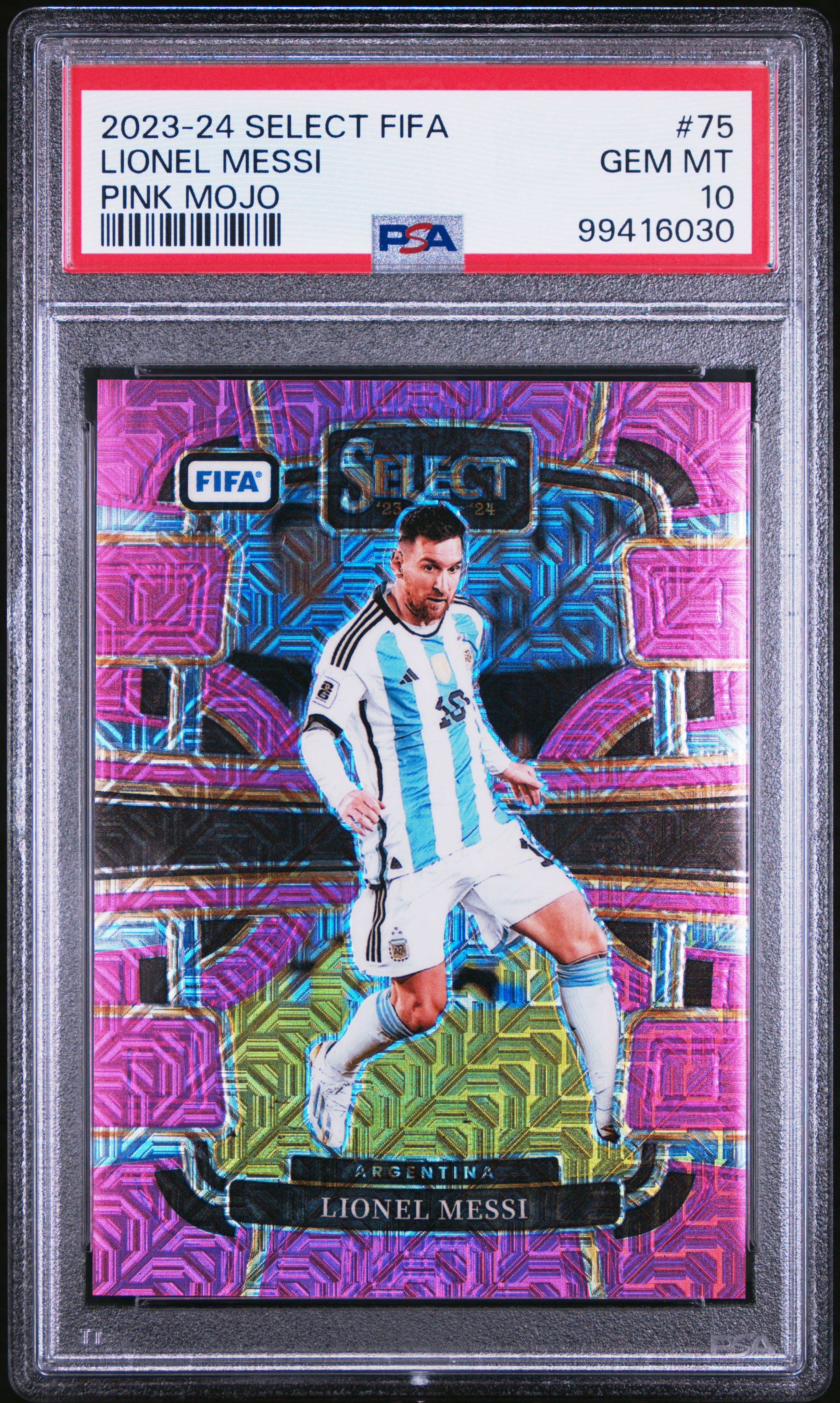 2023-24 Panini Select Fifa Lionel Messi #75 (Pink Mojo) Gem Mt 10 front