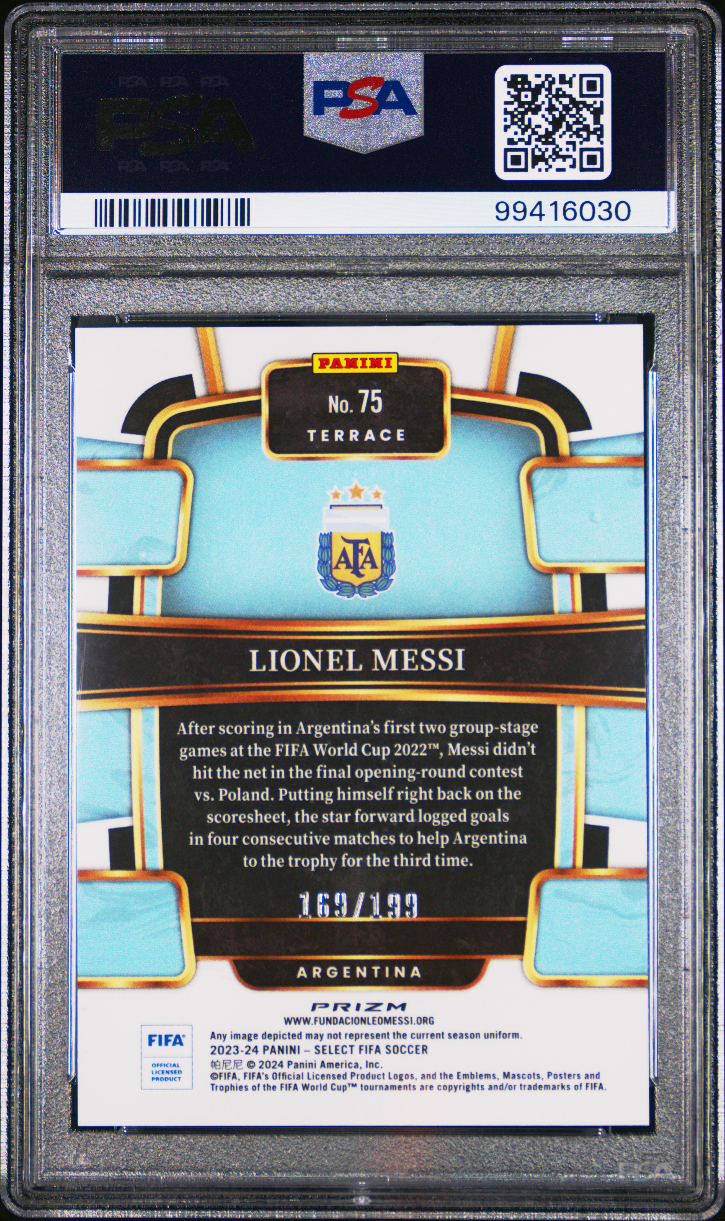 2023-24 Panini Select Fifa Lionel Messi #75 (Pink Mojo) Gem Mt 10 back