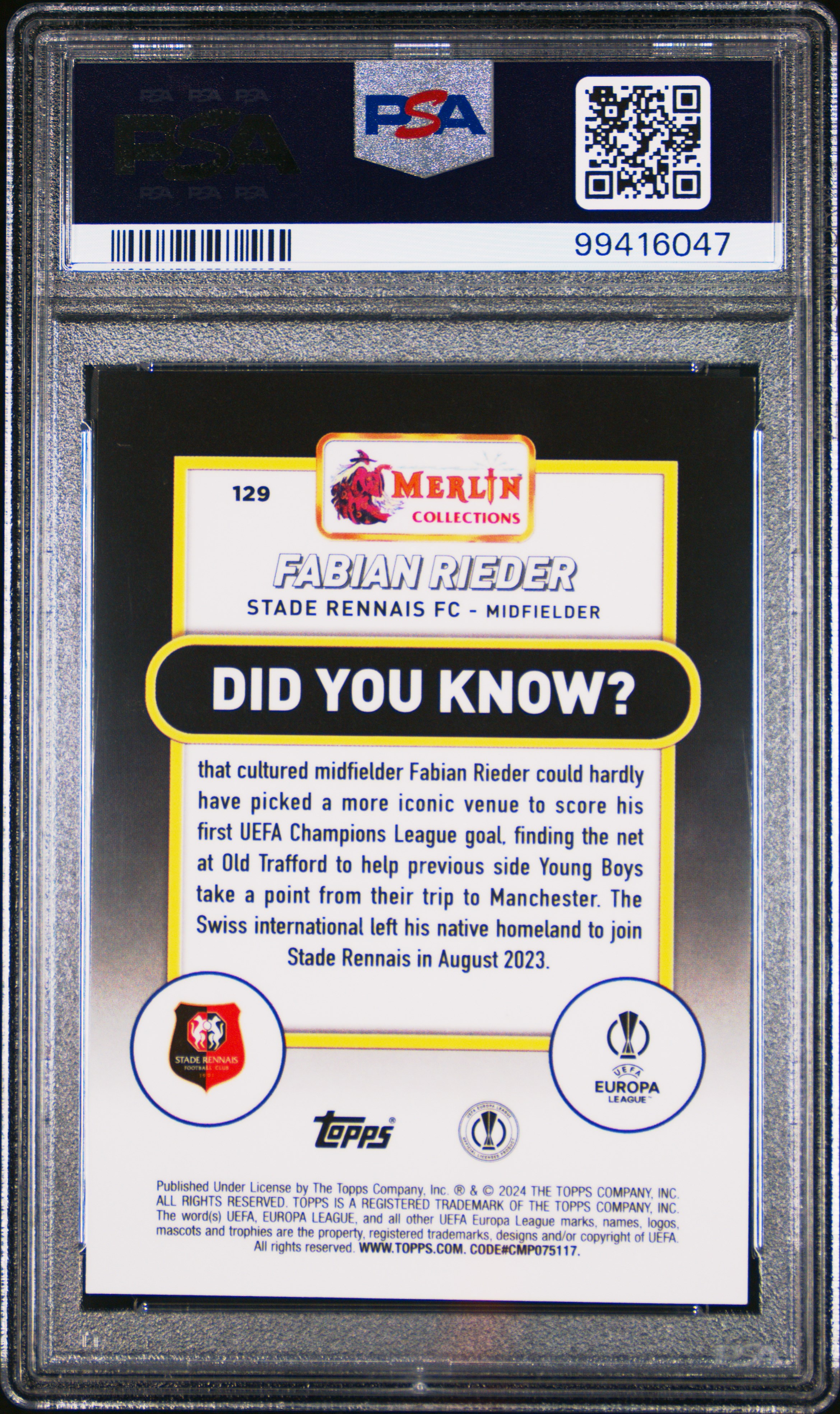 2023-24 Topps Merlin Uefa Club Competitions Fabian Rieder #129 (Yellow Shimmer) Mint 9 back