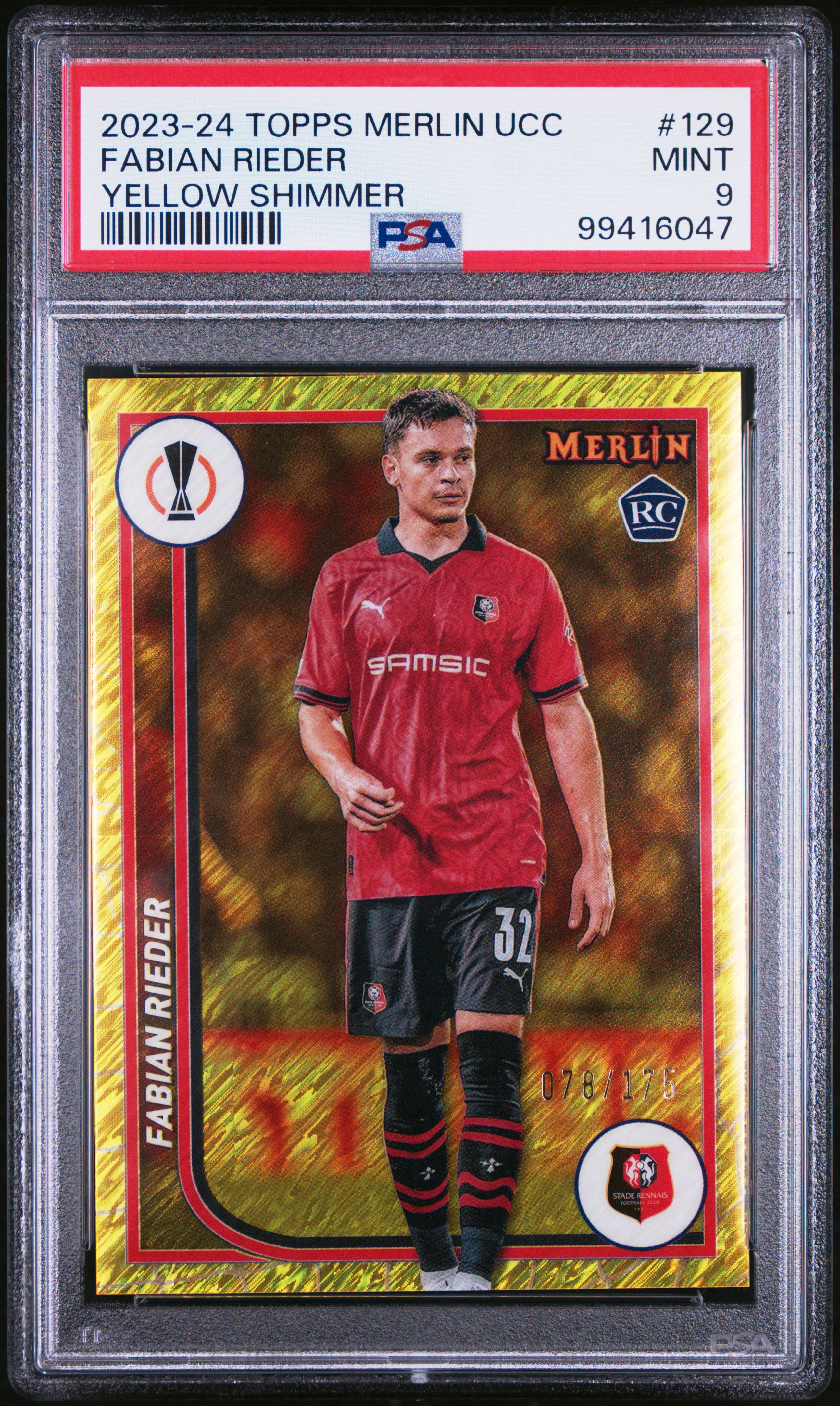 2023-24 Topps Merlin Uefa Club Competitions Fabian Rieder #129 (Yellow Shimmer) Mint 9 front