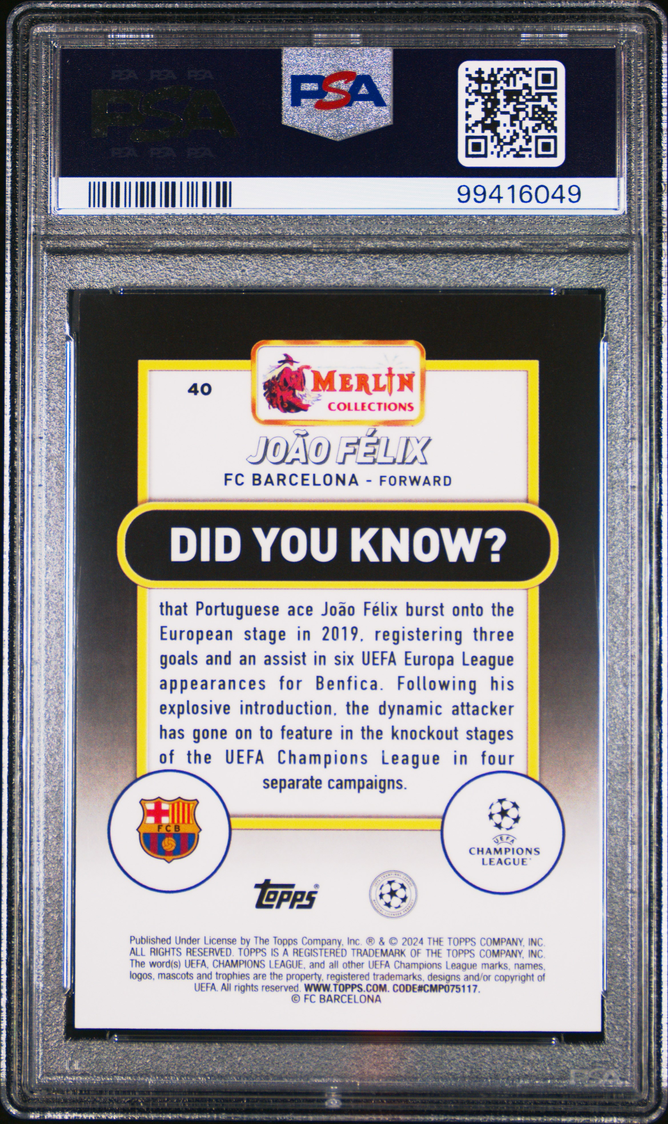 2023-24 Topps Merlin Uefa Club Competitions Joao Felix #40 (Rose Gold Shimmer) Mint 9 back