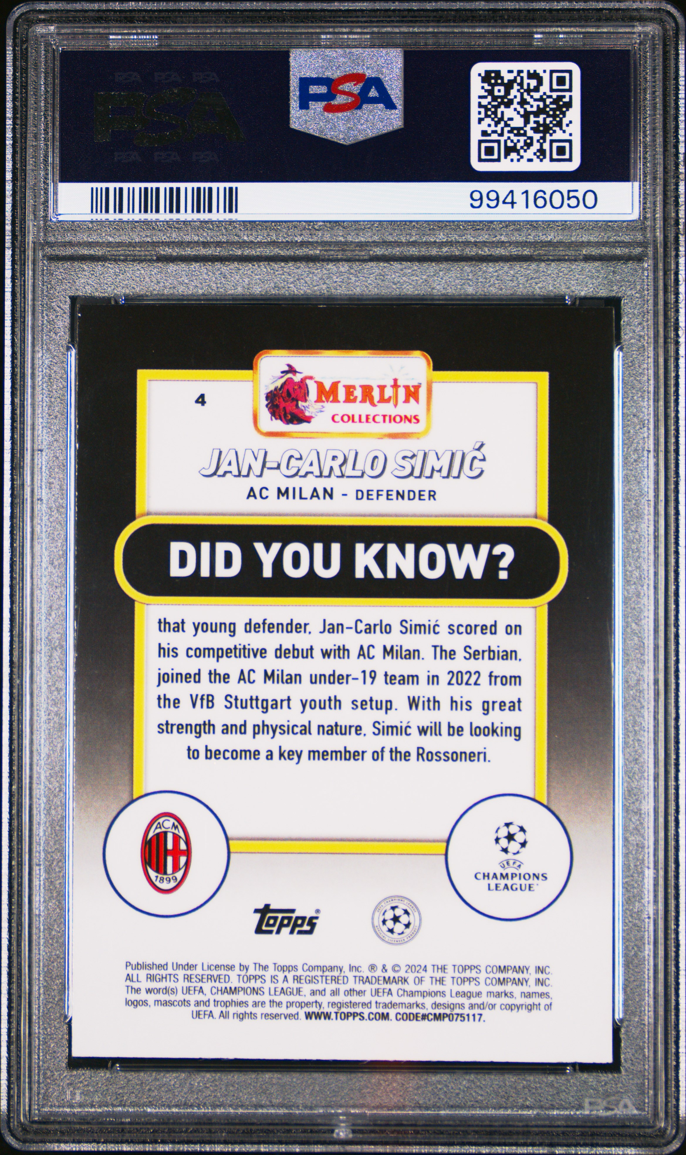 2023-24 Topps Merlin Uefa Club Competitions Jan-Carlo Simic #4 (Pink Mojo) Gem Mt 10 back