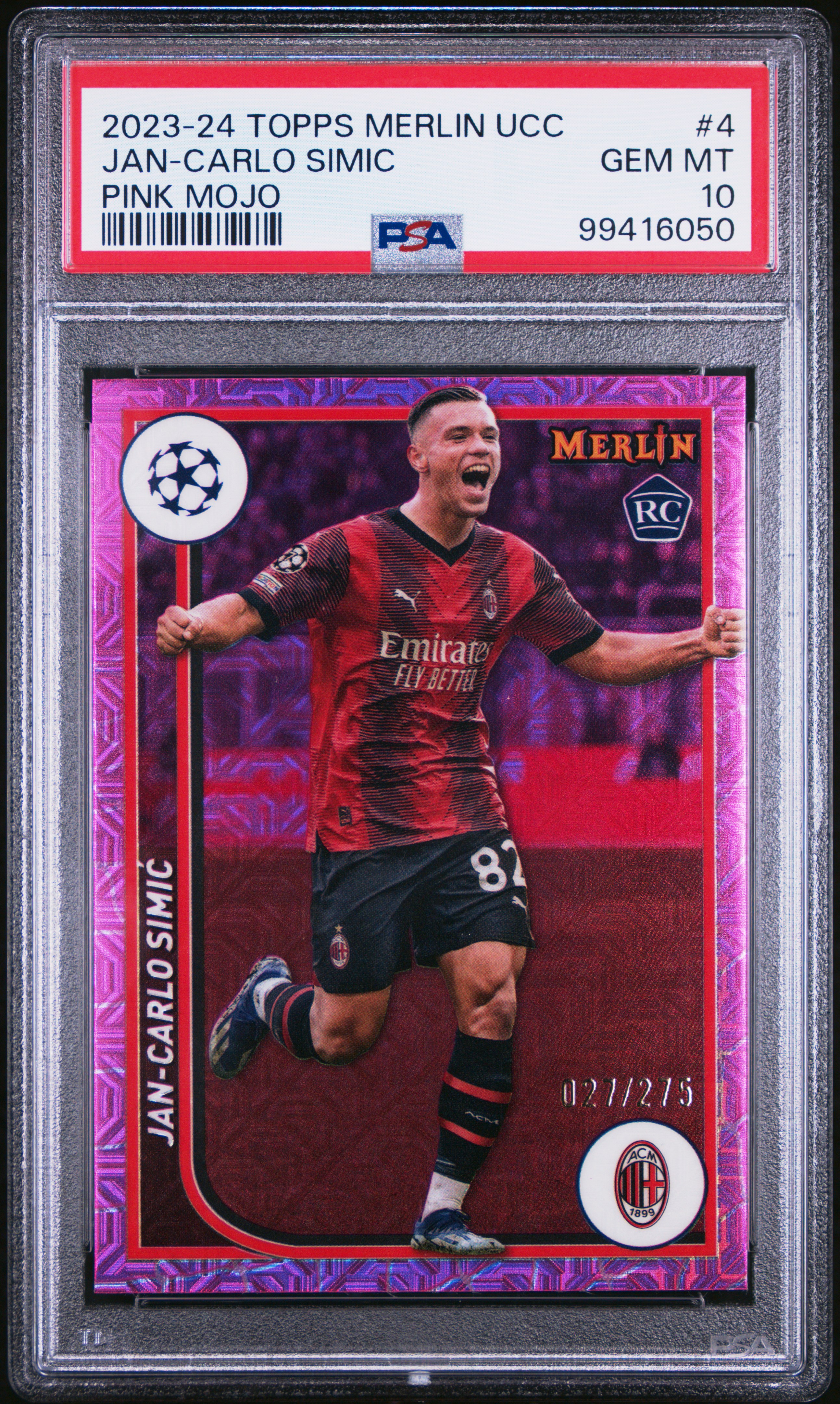 2023-24 Topps Merlin Uefa Club Competitions Jan-Carlo Simic #4 (Pink Mojo) Gem Mt 10 front