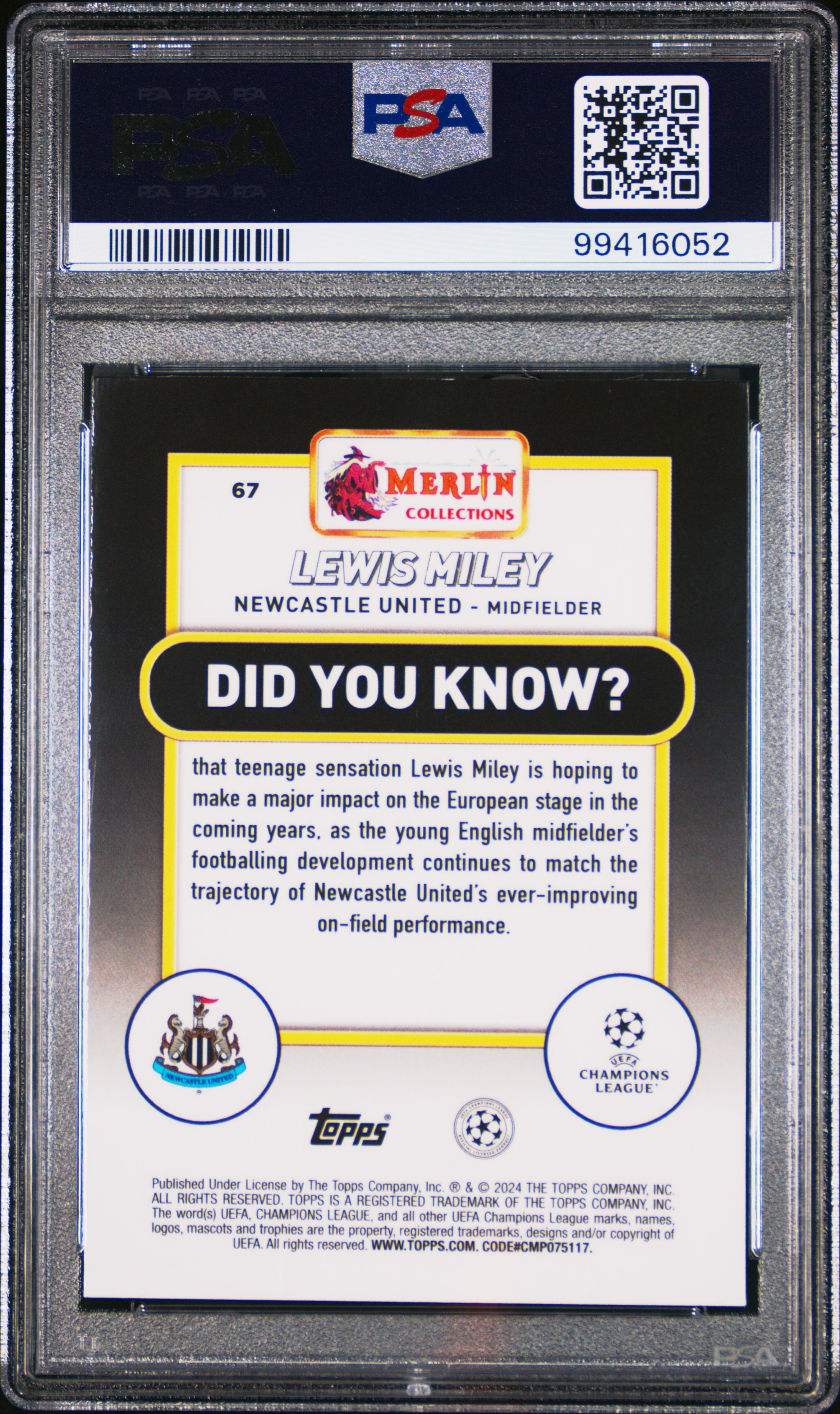 2023-24 Topps Merlin Uefa Club Competitions Lewis Miley #67 (Aqua Prism Refractor) Gem Mt 10 back