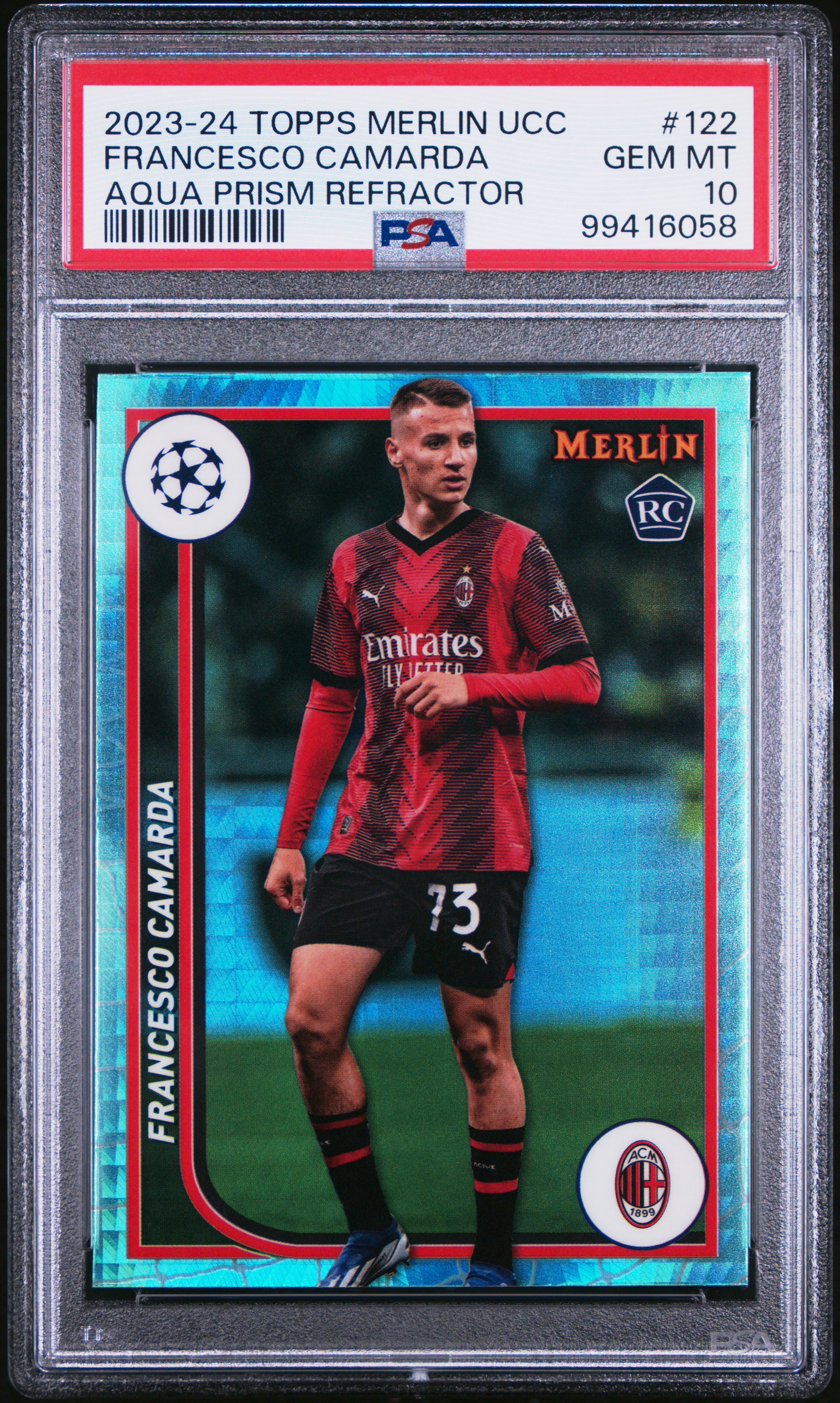 2023-24 Topps Merlin Uefa Club Competitions Francesco Camarda #122 (Aqua Prism Refractor) Gem Mt 10 front