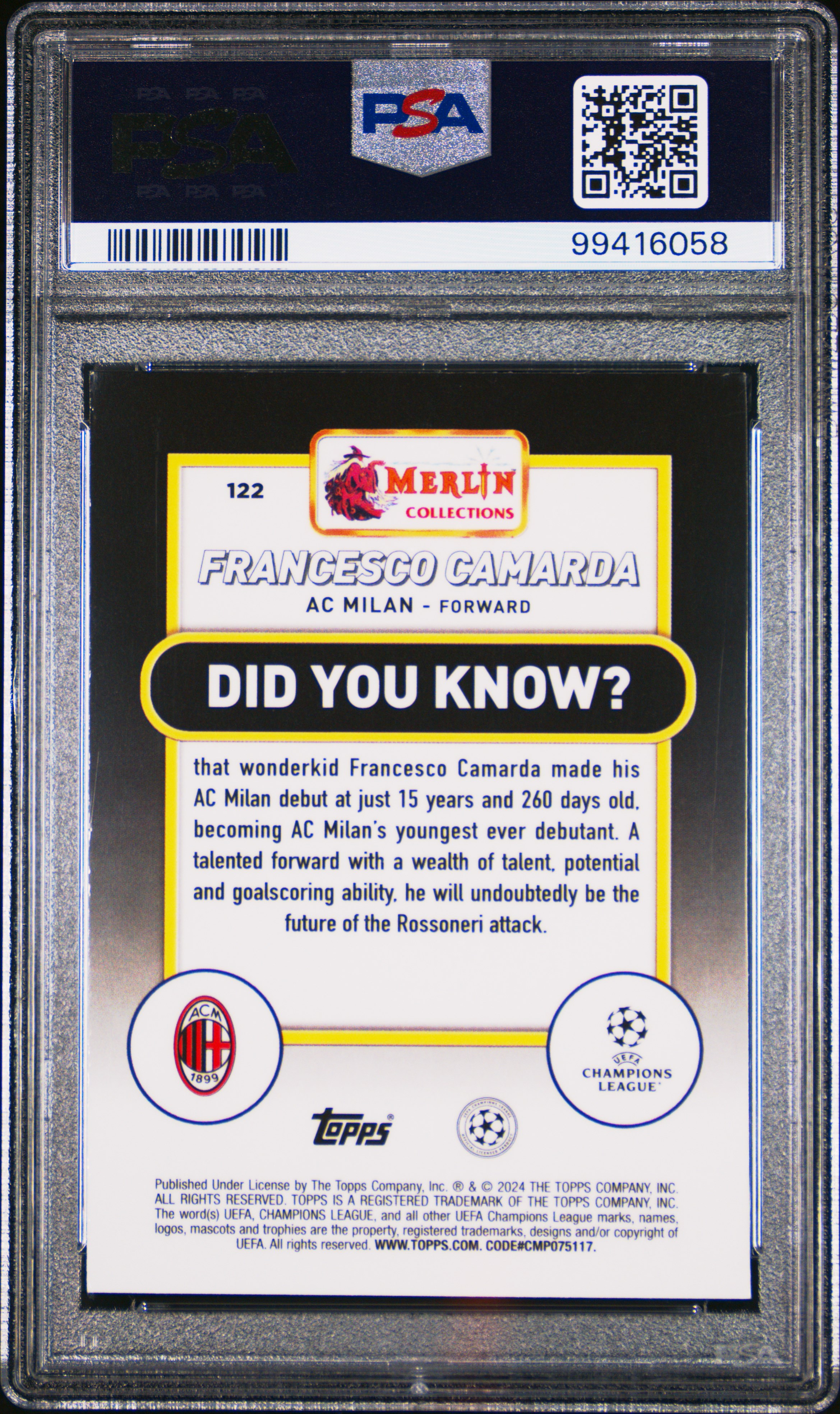 2023-24 Topps Merlin Uefa Club Competitions Francesco Camarda #122 (Aqua Prism Refractor) Gem Mt 10 back