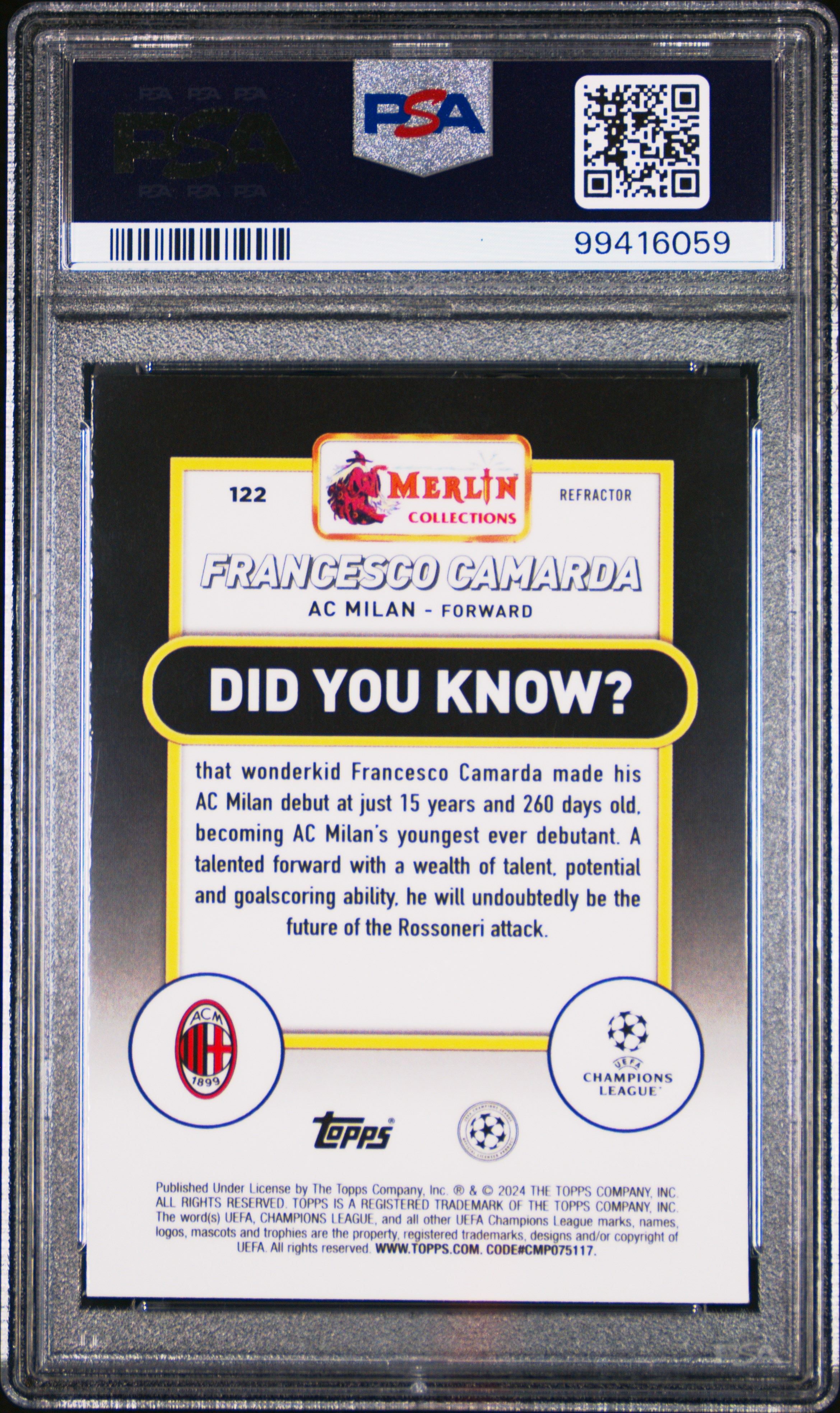 2023-24 Topps Merlin Uefa Club Competitions Francesco Camarda #122 (Refractor) Gem Mt 10 back