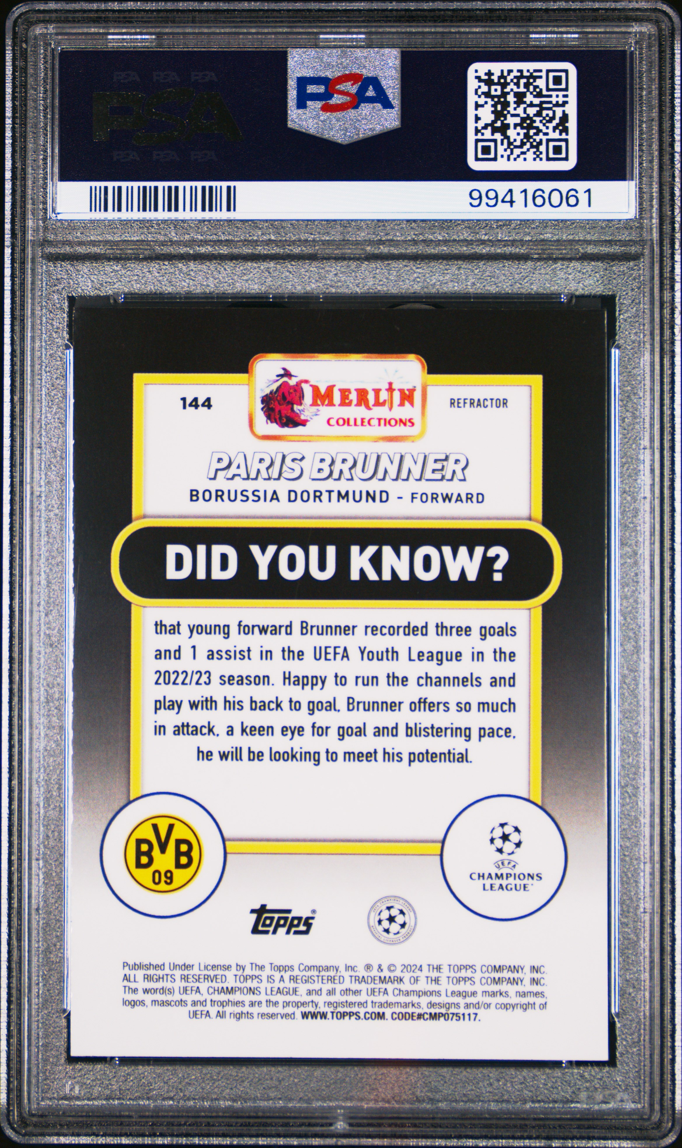 2023-24 Topps Merlin Uefa Club Competitions Paris Brunner #144 (Refractor) Gem Mt 10 back