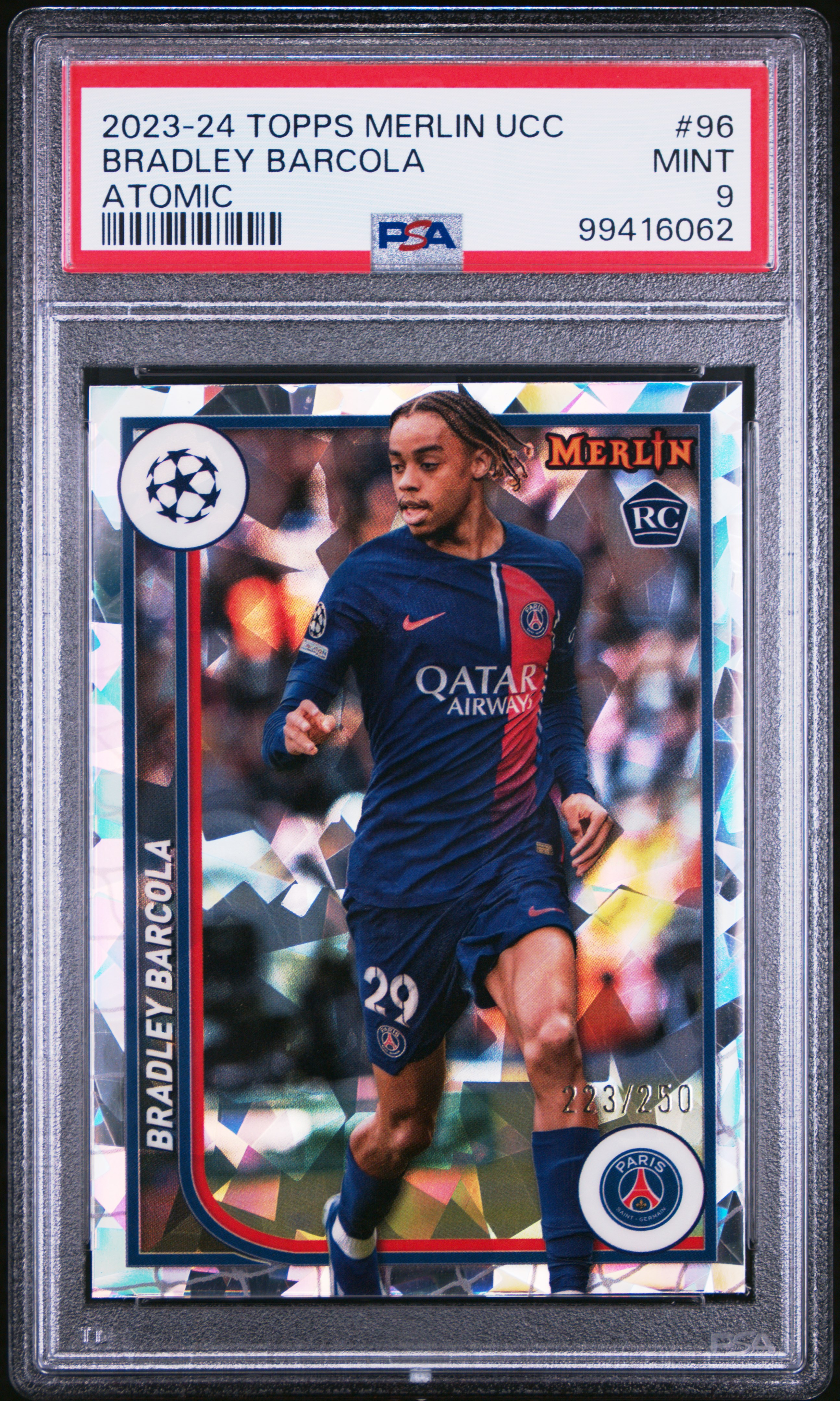 2023-24 Topps Merlin Uefa Club Competitions Bradley Barcola #96 (Atomic) Mint 9 front