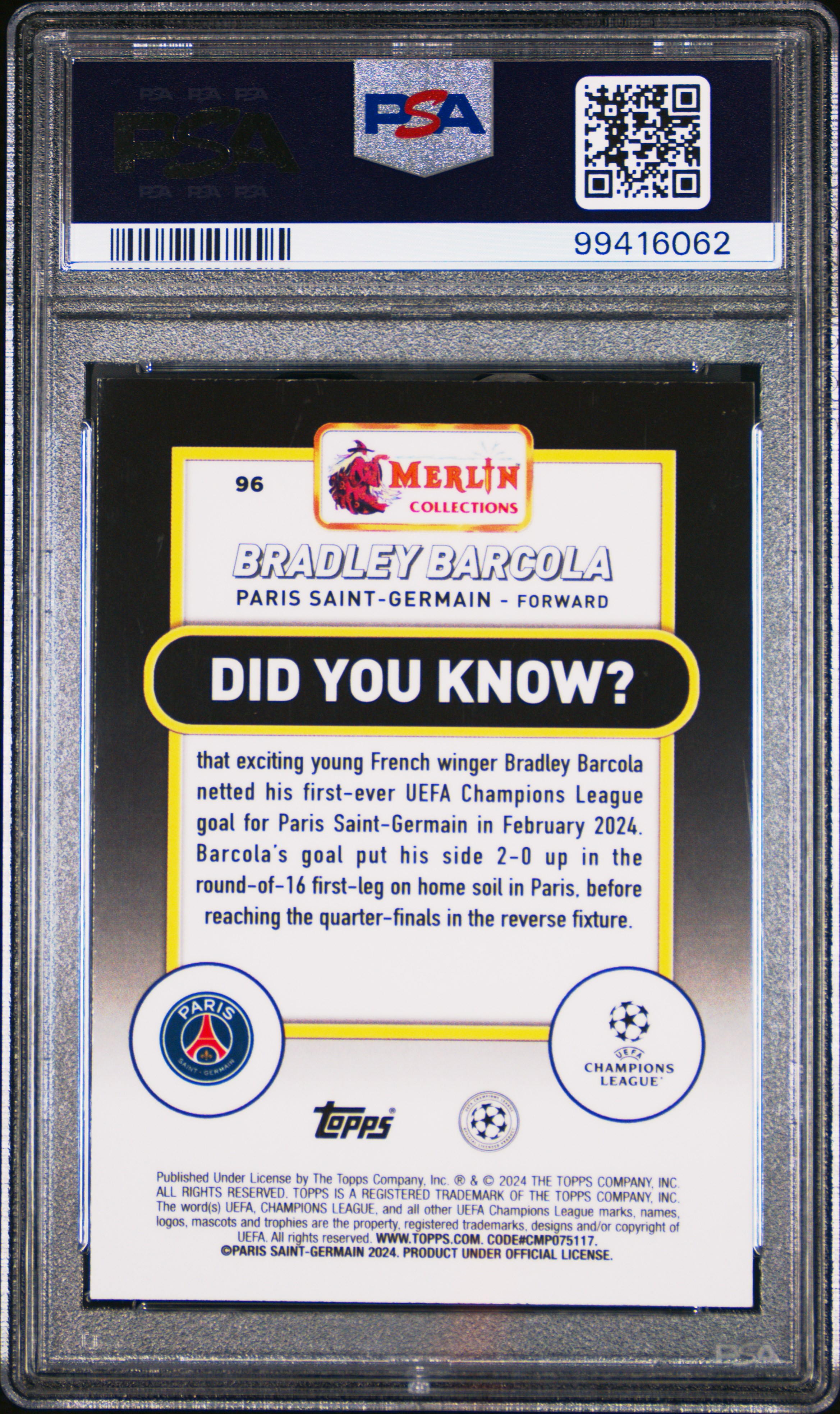 2023-24 Topps Merlin Uefa Club Competitions Bradley Barcola #96 (Atomic) Mint 9 back