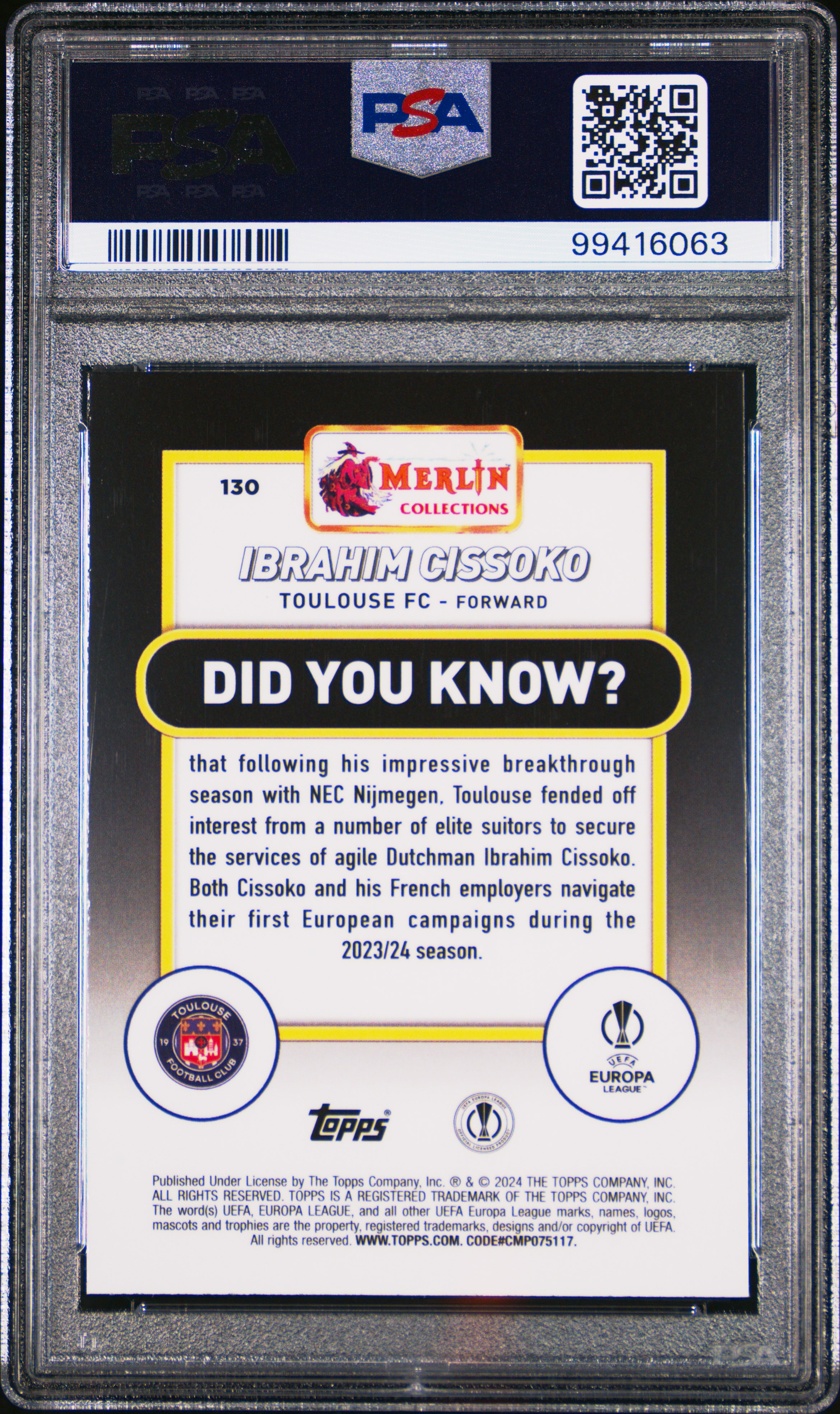 2023-24 Topps Merlin Uefa Club Competitions Ibrahim Cissoko #130 (Aqua Refractor) Mint 9 back